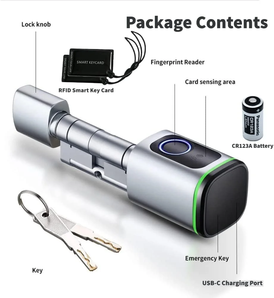سیلندر قفل درب بدون کلید هوشمند Eazyliv Smart Solutions Tuya life با اثر انگشت بیومتریک بلوتوث کارت کلید RFID کلید فلزی نصب آسان مناسب اجاره (قفل درب-نقره ای 80MM)