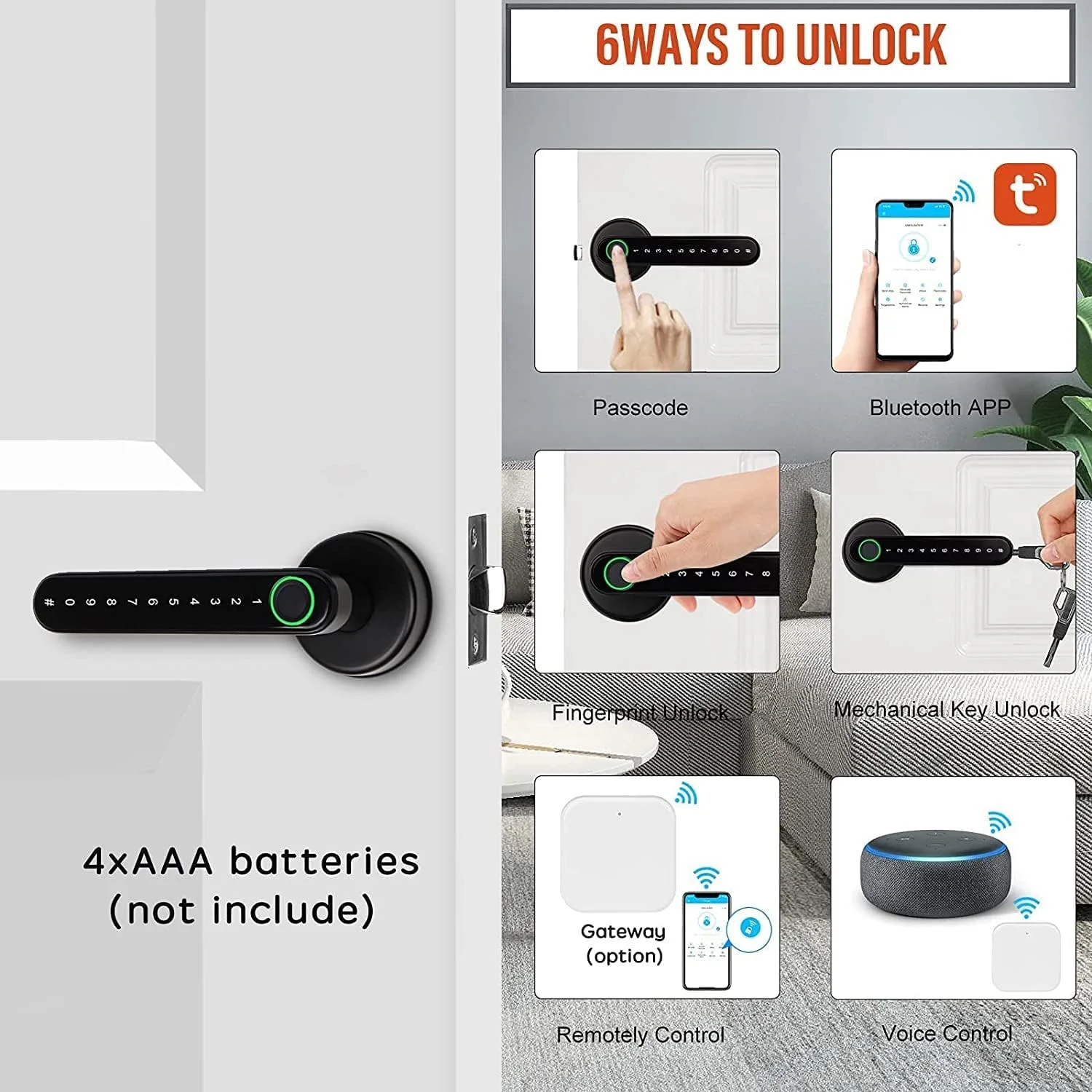 قفل درب اثر انگشتی هوشمند Eazyliv Tuya، کنترل از راه دور از طریق اپلیکیشن BLUETOOTH، دستگیره رمز عبور، قفل بیومتریک بدون کلید برای iOS و Android برای خانه، آپارتمان، ویلا، دفتر