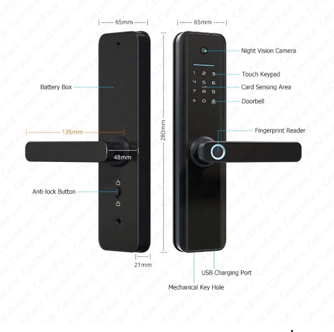 قفل هوشمند Eazyliv Smart Solutions، قفل درب چشمی گربه ای وای فای با اثر انگشت، رمز عبور، قفل درب بدون کلید با دستگیره برگشت پذیر، باز کردن قفل با برنامه Tuya، قفل درب امنیتی دیجیتال برای خانه، ویلا، دفتر