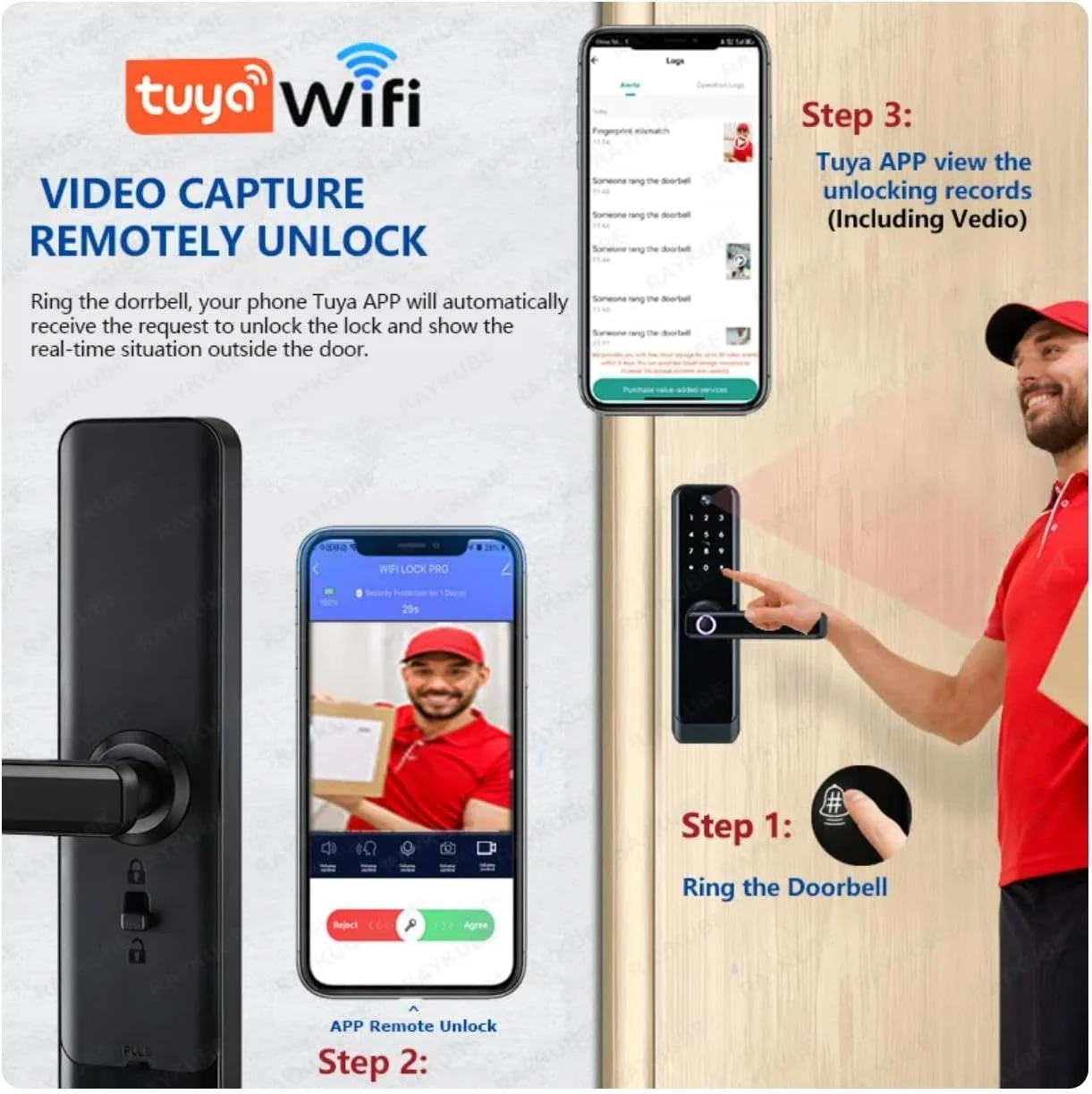 قفل هوشمند Eazyliv Smart Solutions، قفل درب چشمی گربه ای وای فای با اثر انگشت، رمز عبور، قفل درب بدون کلید با دستگیره برگشت پذیر، باز کردن قفل با برنامه Tuya، قفل درب امنیتی دیجیتال برای خانه، ویلا، دفتر