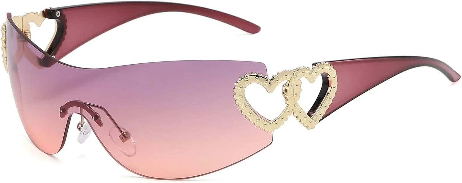 عینک آفتابی دورپیچ قلبی YAMEIZE Y2K - مناسب آقایان و بانوان، بدون فریم، طرح قلب، بزرگ، مناسب دوچرخه سواری و فعالیت های خارج از منزل