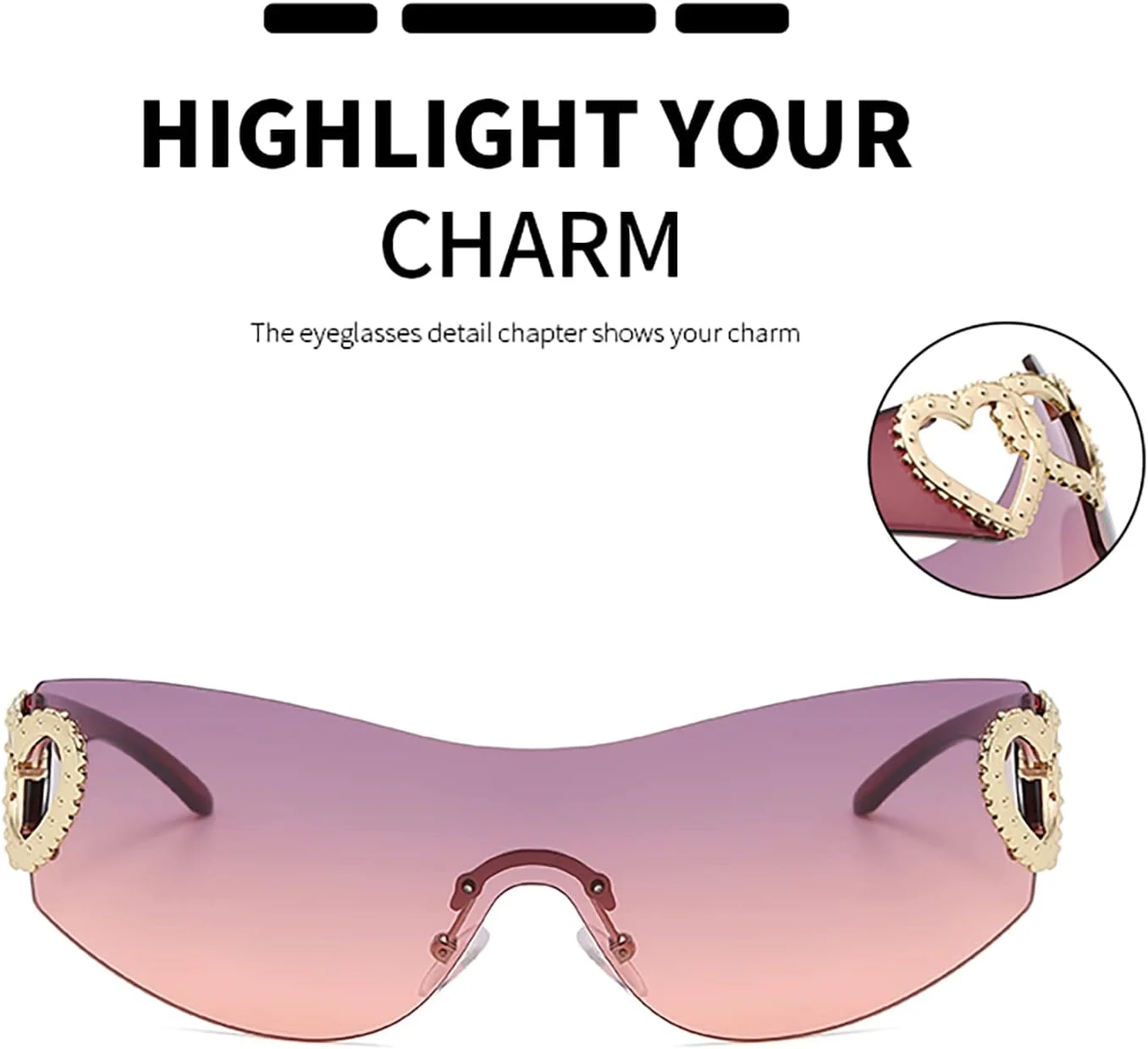 عینک آفتابی دورپیچ قلبی YAMEIZE Y2K - مناسب آقایان و بانوان، بدون فریم، طرح قلب، بزرگ، مناسب دوچرخه سواری و فعالیت های خارج از منزل