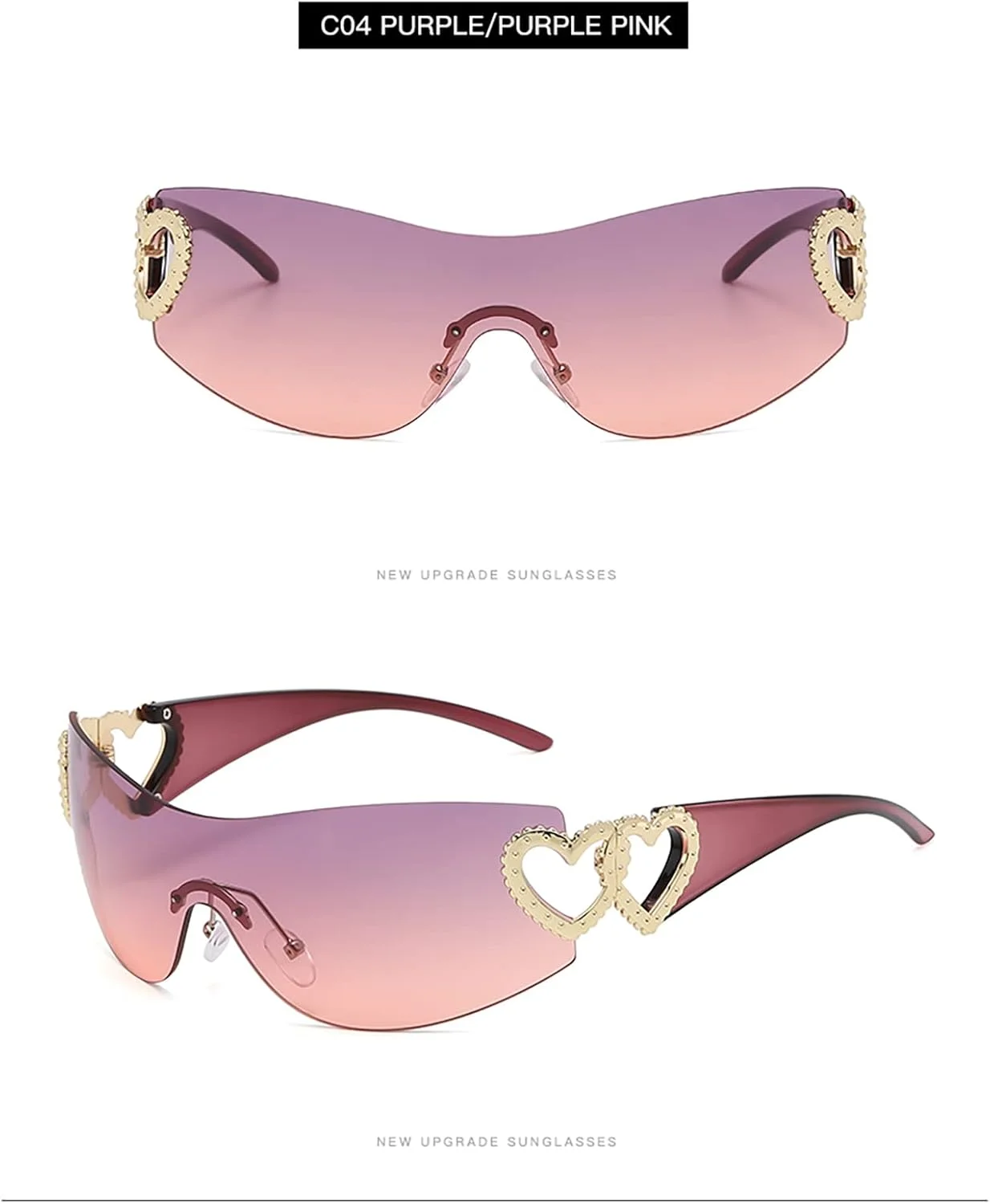 عینک آفتابی دورپیچ قلبی YAMEIZE Y2K - مناسب آقایان و بانوان، بدون فریم، طرح قلب، بزرگ، مناسب دوچرخه سواری و فعالیت های خارج از منزل