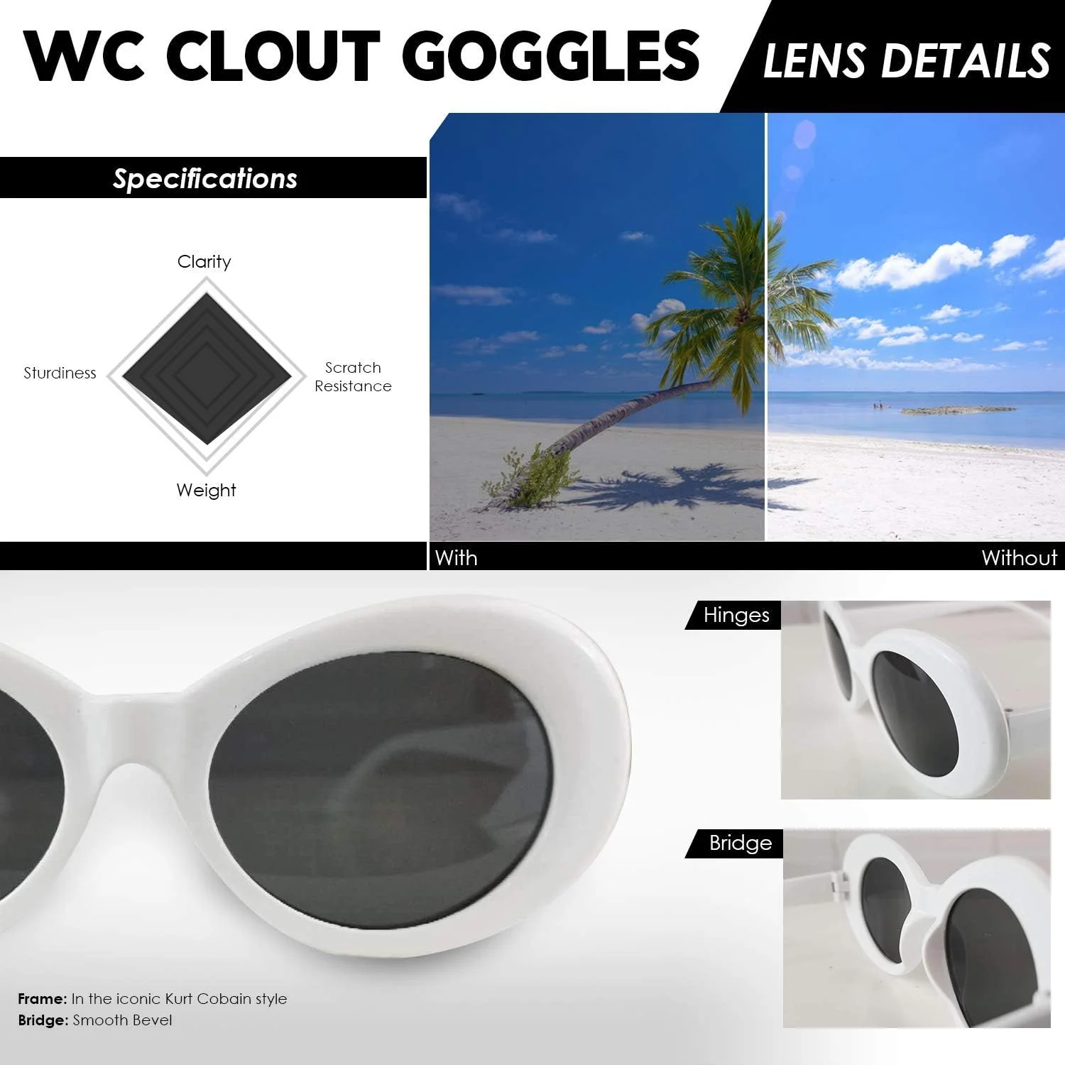 عینک آفتابی WhollyTech مدل White Clout. فریم بیضی ضخیم. عینک آفتابی فشن مدهای کورت کوبین