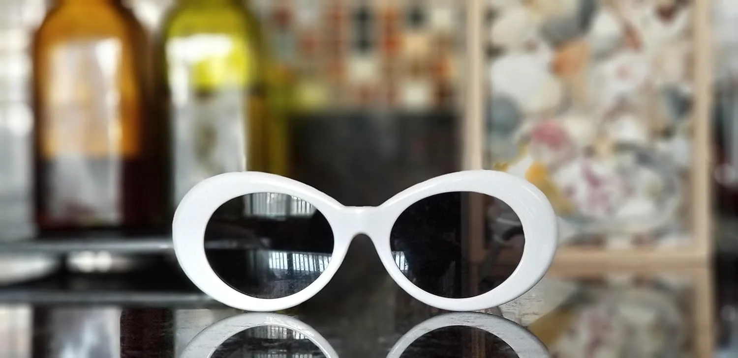 عینک آفتابی WhollyTech مدل White Clout. فریم بیضی ضخیم. عینک آفتابی فشن مدهای کورت کوبین