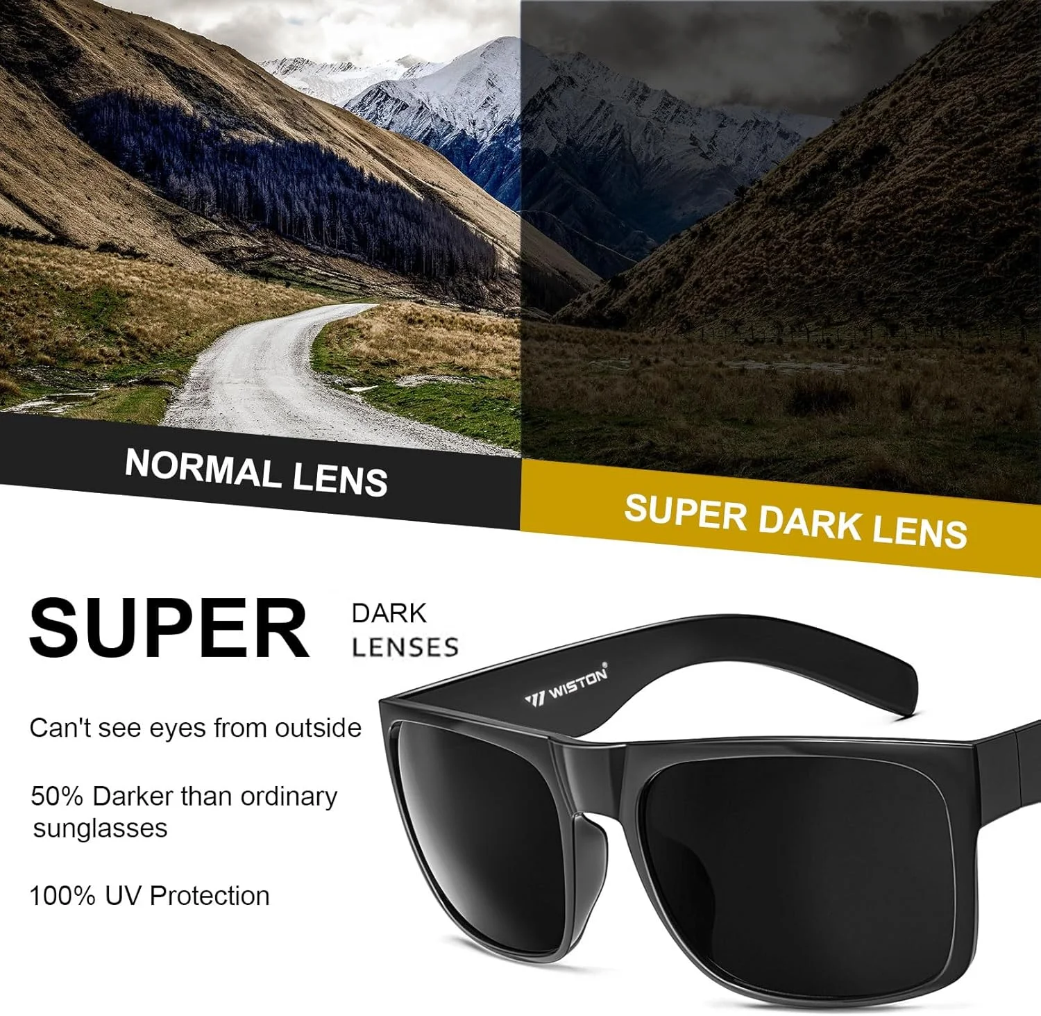 عینک آفتابی مردانه WISTON XL با سر بزرگ و پهن، مشکی تیره، مناسب آقایان، عینک آفتابی مربعی فوق العاده بزرگ 149 میلی متر W8004