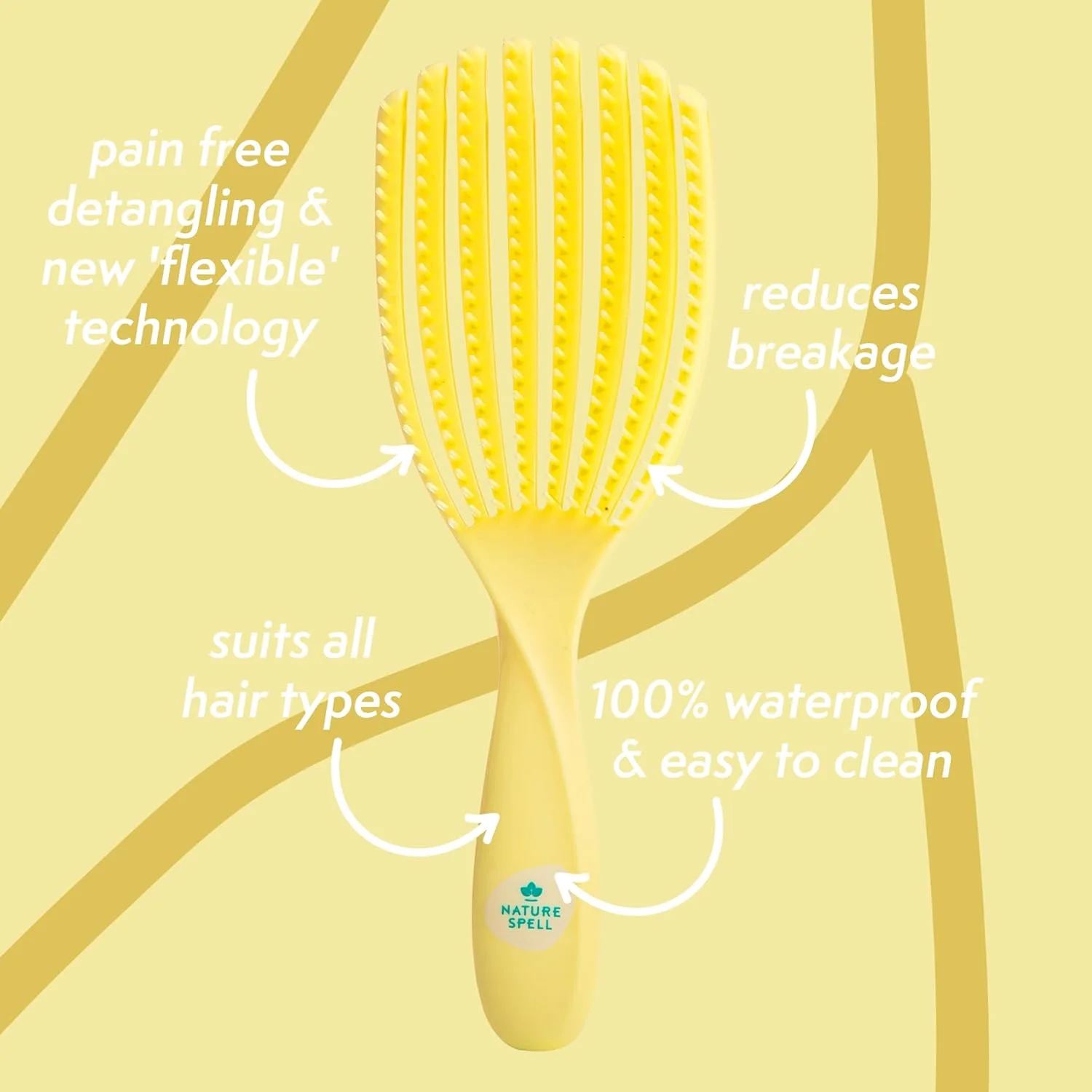 برس موی گره باز کن فلکسی فلو نیچر سپل، رشته های انعطاف پذیر برای برس زدن ملایم، از بین برنده گره ها و کاهش شکستگی مو، مناسب برای انواع مو، زرد