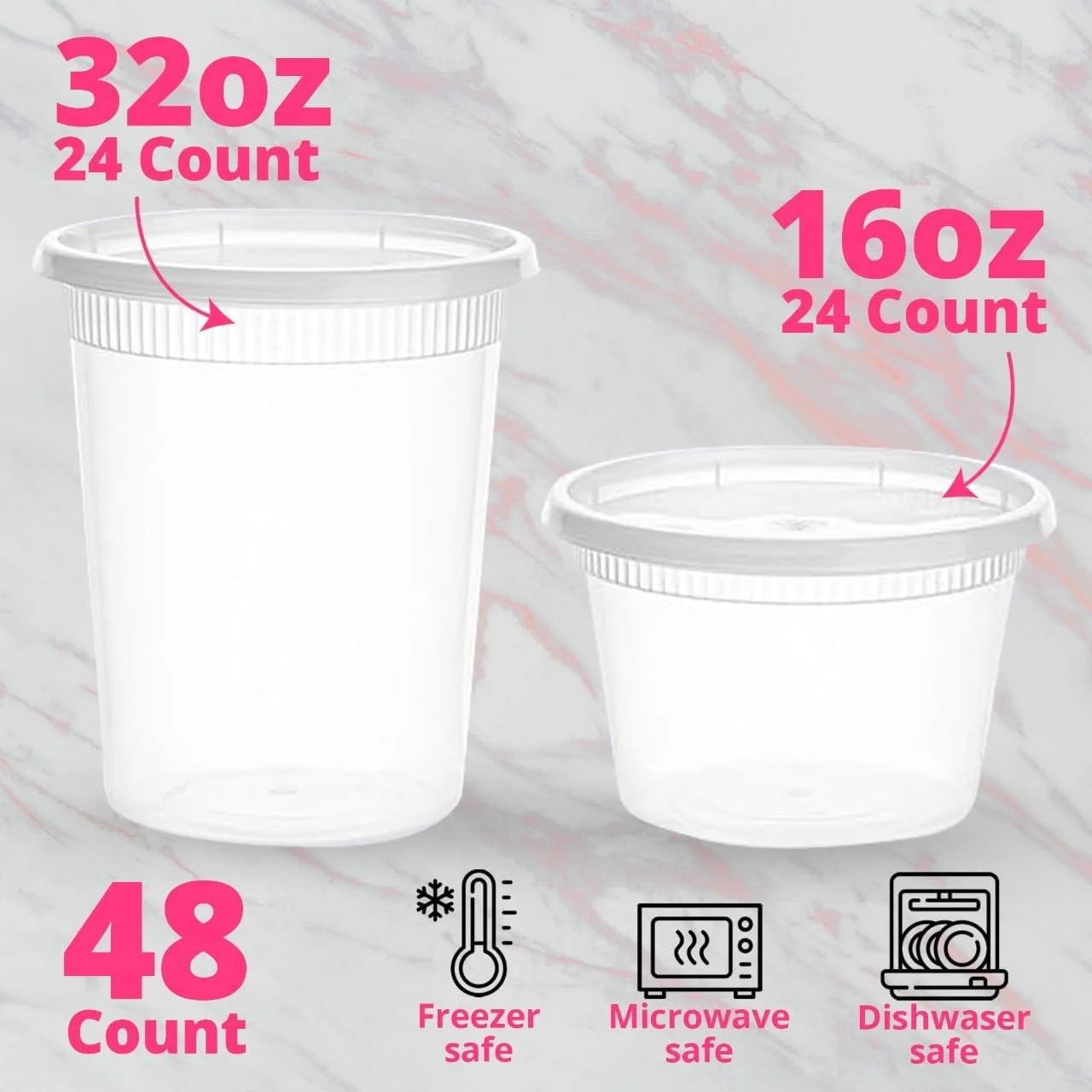 ظروف نگهداری مواد غذایی XpressPak با درب - [بسته 48 عددی] - (700 و 900 میلی لیتر) - ظروف پلاستیکی دلی با درب - ظروف سوپ با درب های محکم - قابل استفاده در مایکروویو، فریزر و ماشین ظرفشویی