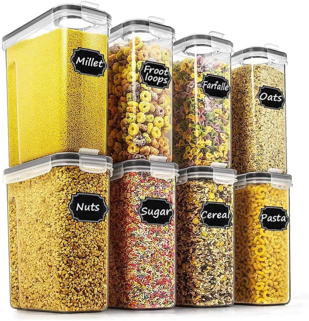 ظروف نگهداری غلات و مواد غذایی خشک Wildone - ست 8 تایی ظروف نگهداری غلات [2.5 لیتر / 85.4 اونس] مناسب برای شکر، آرد، تنقلات، لوازم پخت و پز، ضد نشت با درب های قفل شونده مشکی