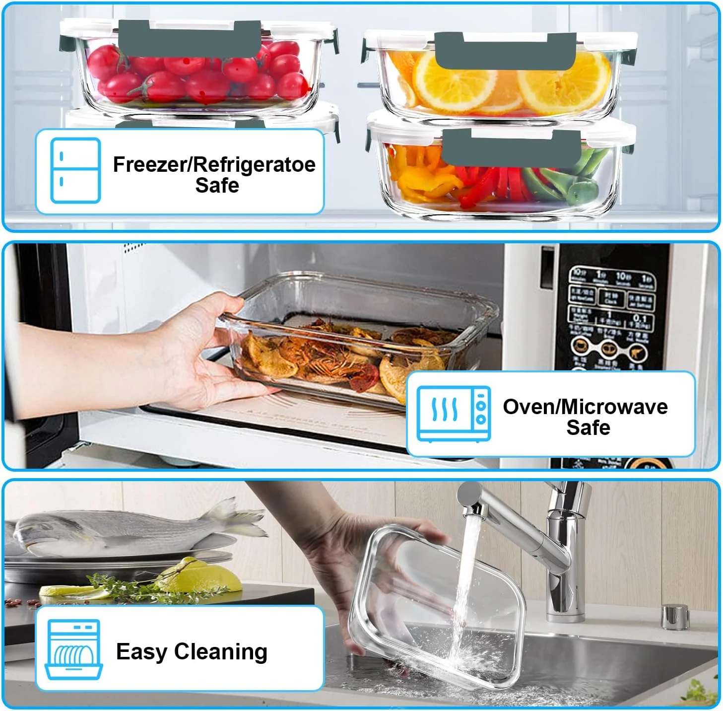 ظروف آماده سازی غذا شیشه ای ورونز، بسته 5 عددی، 1065 میلی لیتر، ظروف ناهار شیشه ای درب دار، ظروف نگهداری غذا شیشه ای با درب، فاقد BPA، مناسب مایکروویو، فر، فریزر و ماشین ظرفشویی، خاکستری