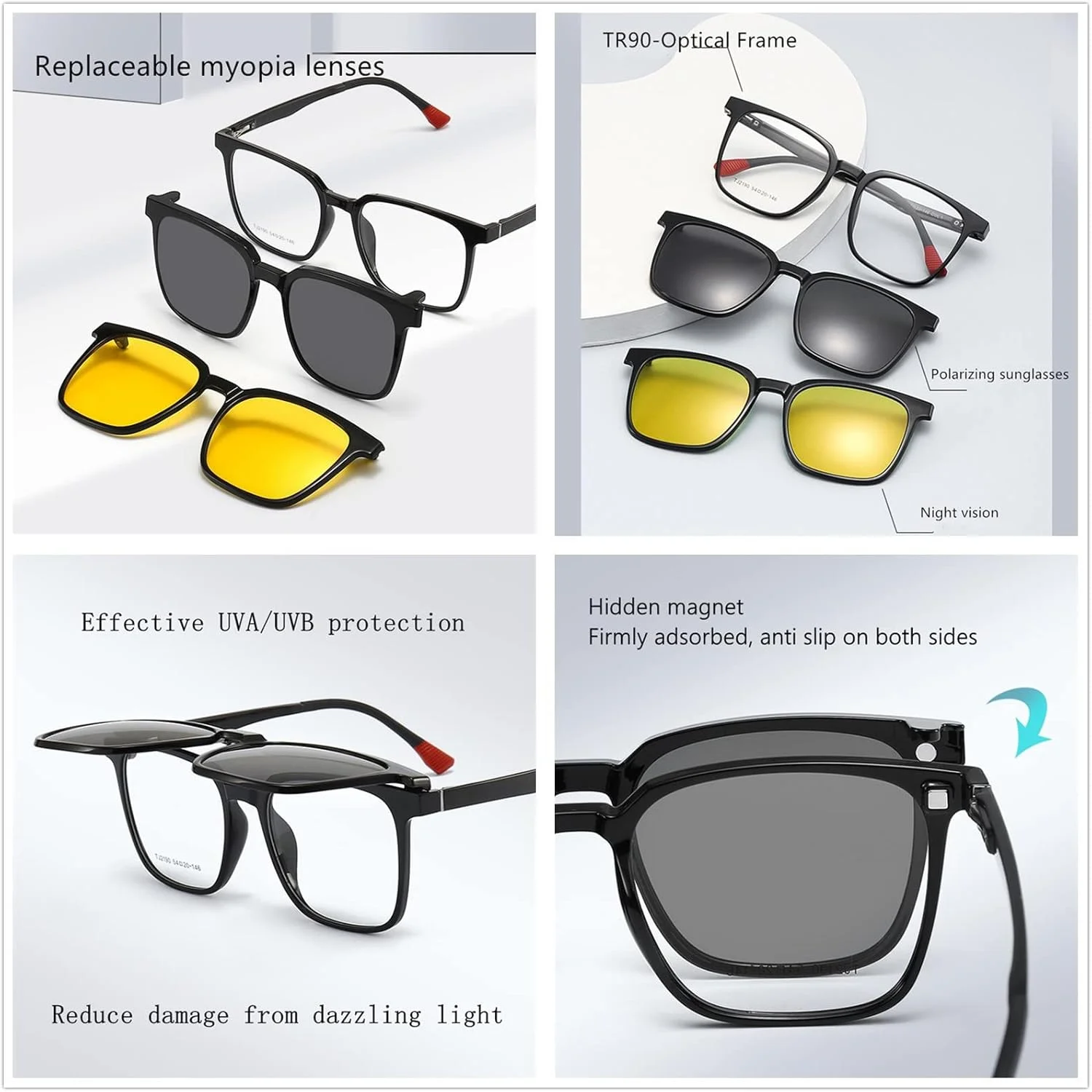 عینک طبی ۳ در ۱ SHUNXI با عینک آفتابی پلاریزه مغناطیسی، عینک دید در شب رانندگی گیره دار برای زنان و مردان، فریم TR90 سبک وزن محافظت UV400 عینک نزدیک بینی برای دور…