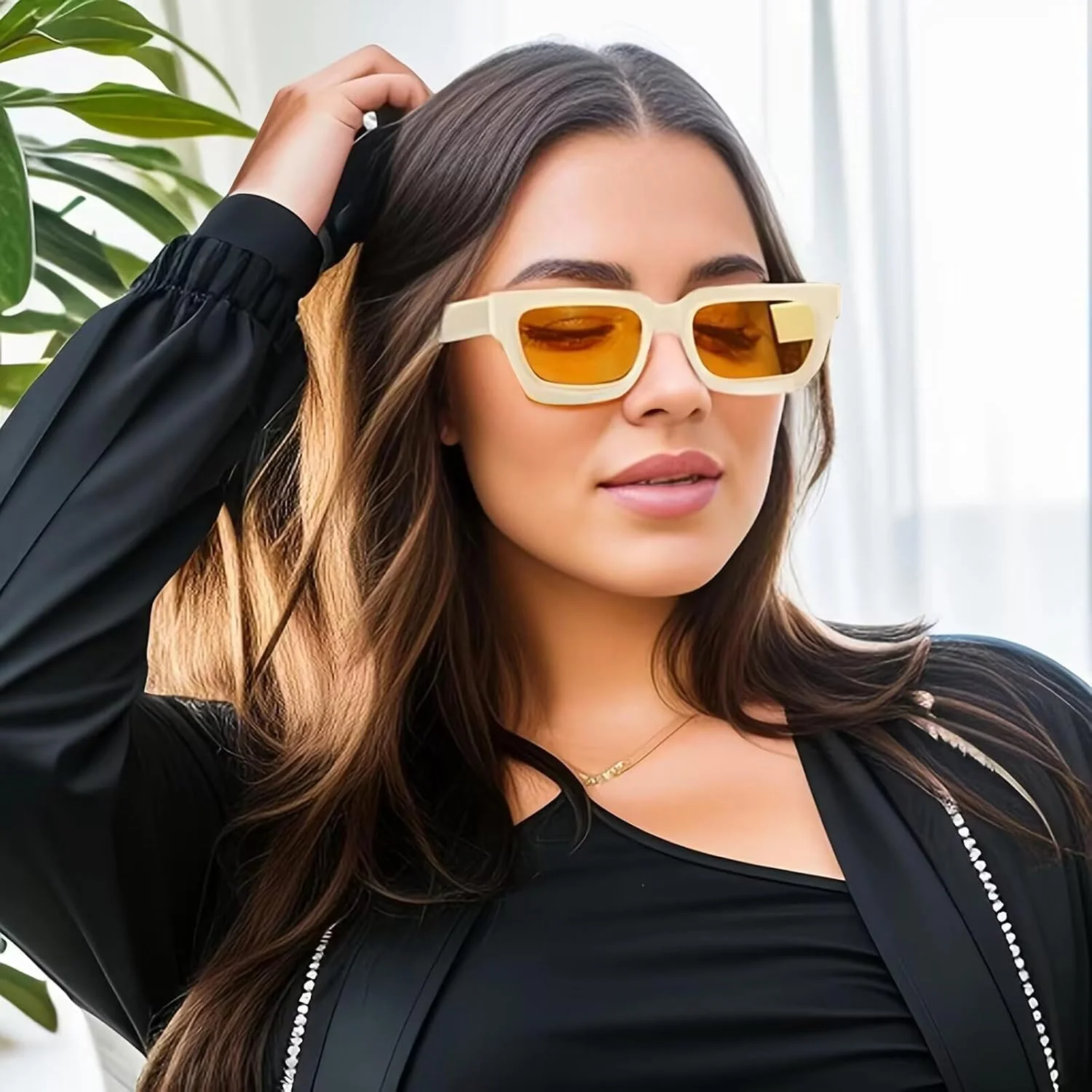 عینک آفتابی مستطیلی یکپارچهسازی با سیستمعامل SHEEN KELLY برای زنان و مردان، سایه های تیره مربعی ضخیم قدیمی، عینک لنز نارنجی مشکی دهه 90