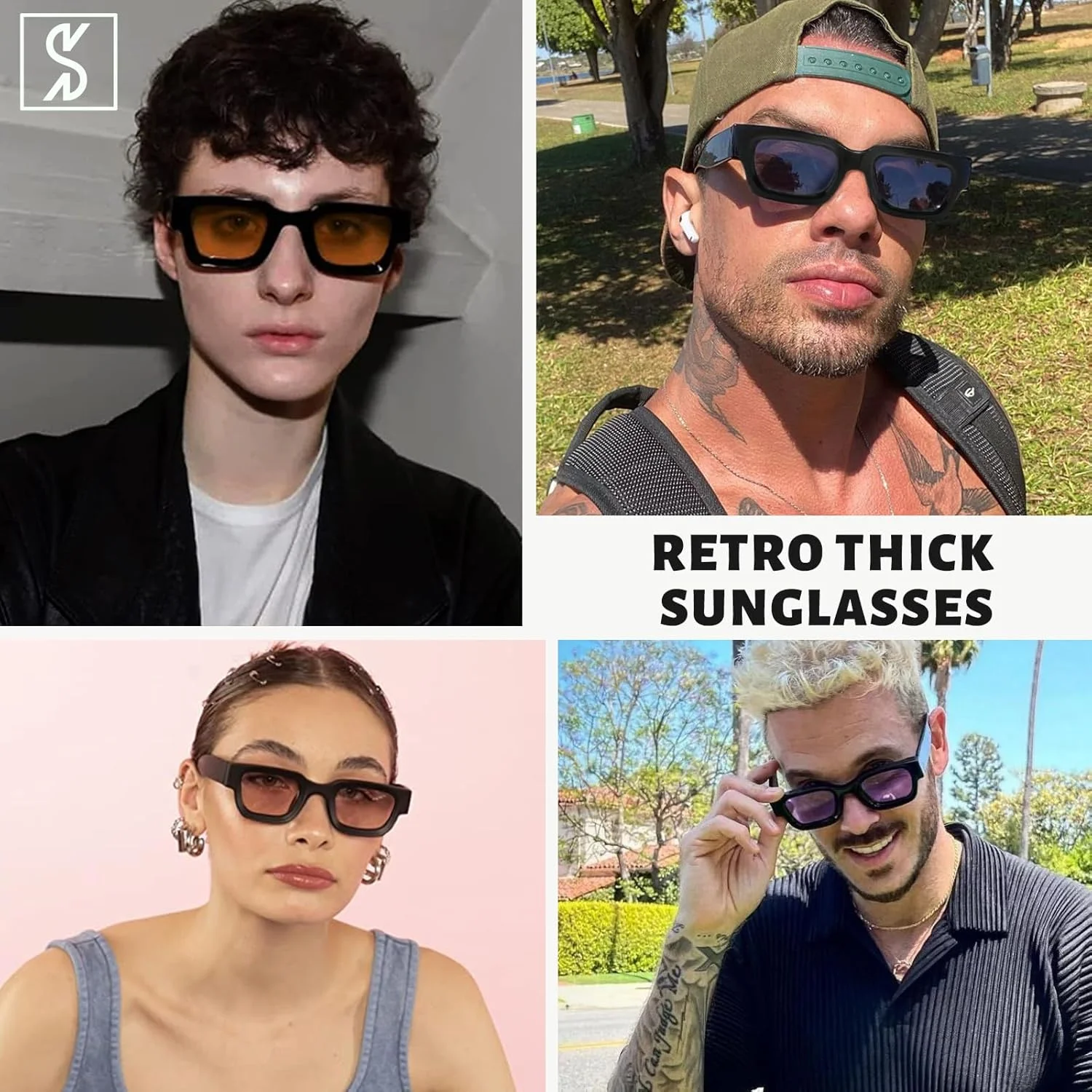 عینک آفتابی مستطیلی یکپارچهسازی با سیستمعامل SHEEN KELLY برای زنان و مردان، سایه های تیره مربعی ضخیم قدیمی، عینک لنز نارنجی مشکی دهه 90