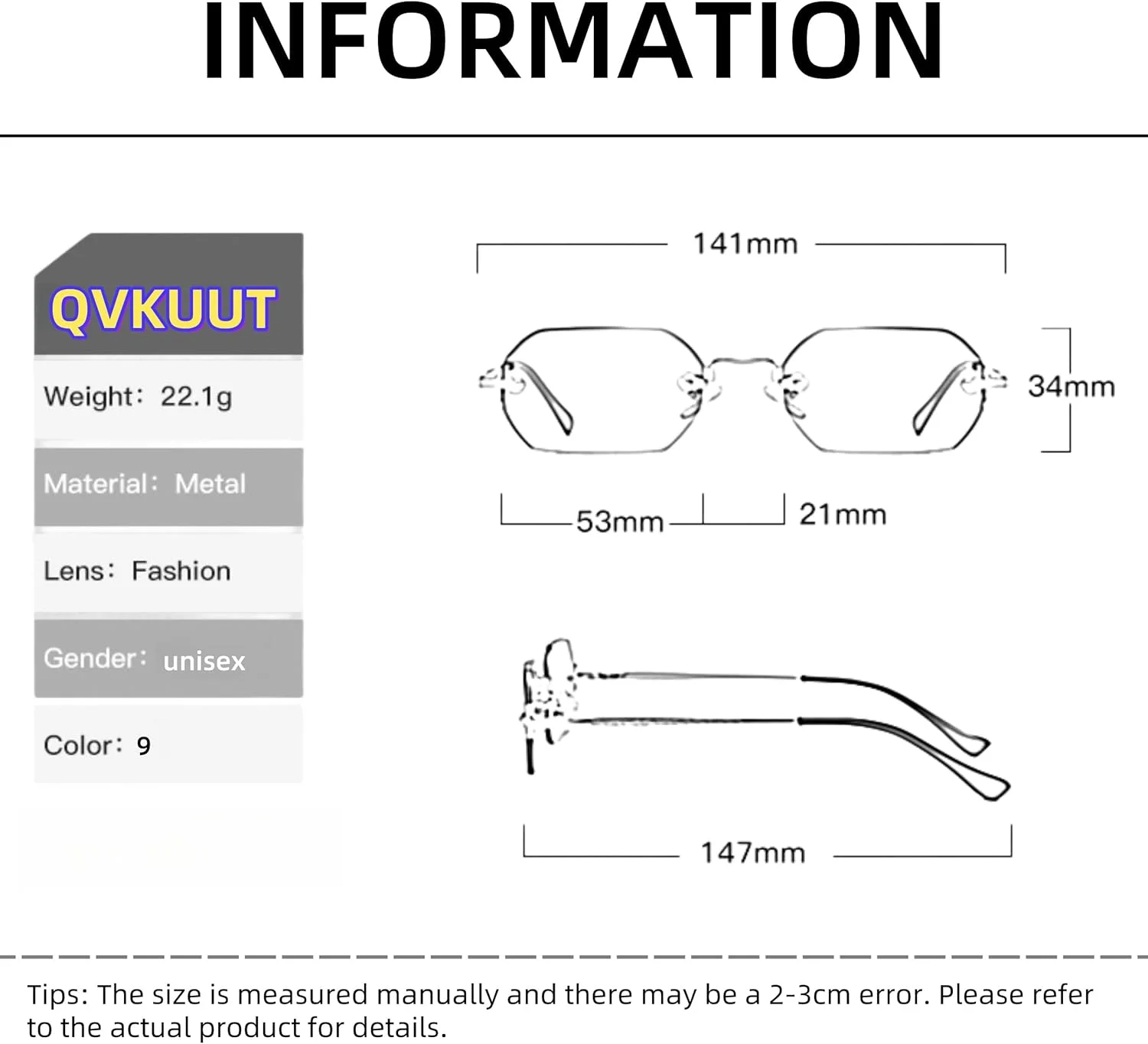 عینک آفتابی مستطیلی QVKUUT، عینک آفتابی بدون فریم، عینک مستطیلی مد روز برای مردان و زنان