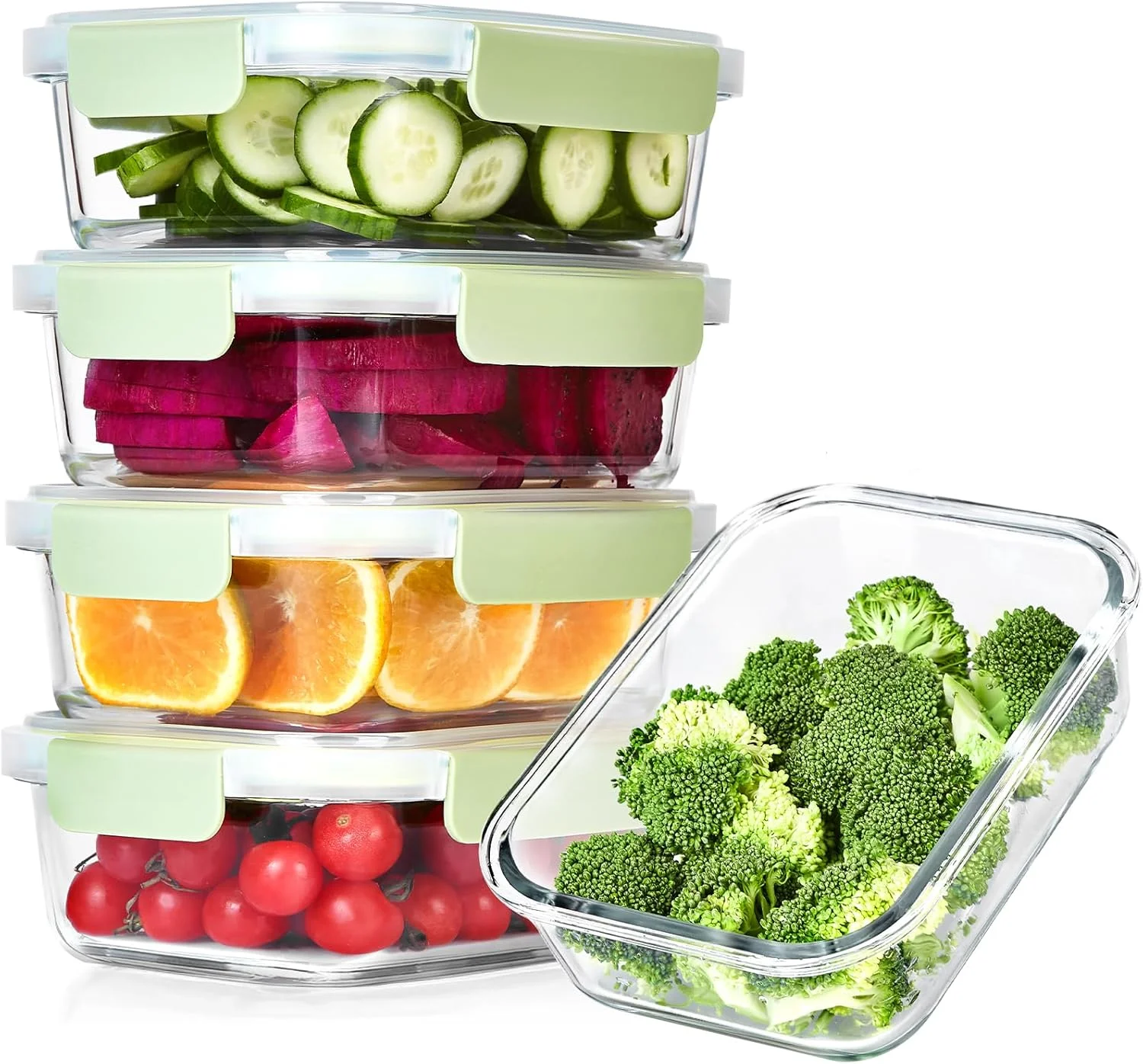 ست 5 عددی ظروف شیشه ای نگهداری غذا 1065 میلی لیتری، ظروف شیشه ای آماده سازی غذا با طراحی جدید سوراخ فشاری، ظروف ناهار هوا بند با درب، قابل استفاده در مایکروویو، فر، فریزر و ماشین ظرفشویی