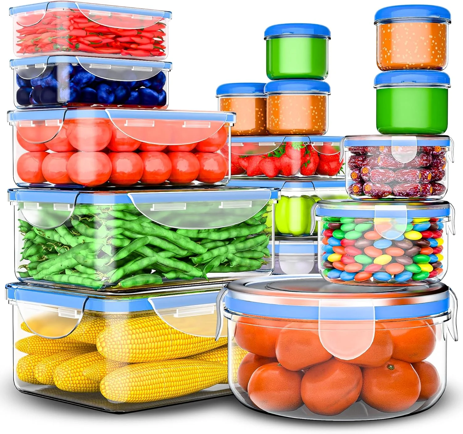 ست 32 عددی ظروف بزرگ نگهداری مواد غذایی - از 2500 میلی لیتر تا جعبه سس، ظروف آشپزخانه قابل چیدن، ظروف پلاستیکی نگهداری مواد غذایی بدون BPA، ضد نشت، با درب های محکم - مناسب برای مایکروویو و فریزر، جعبه های ناهار