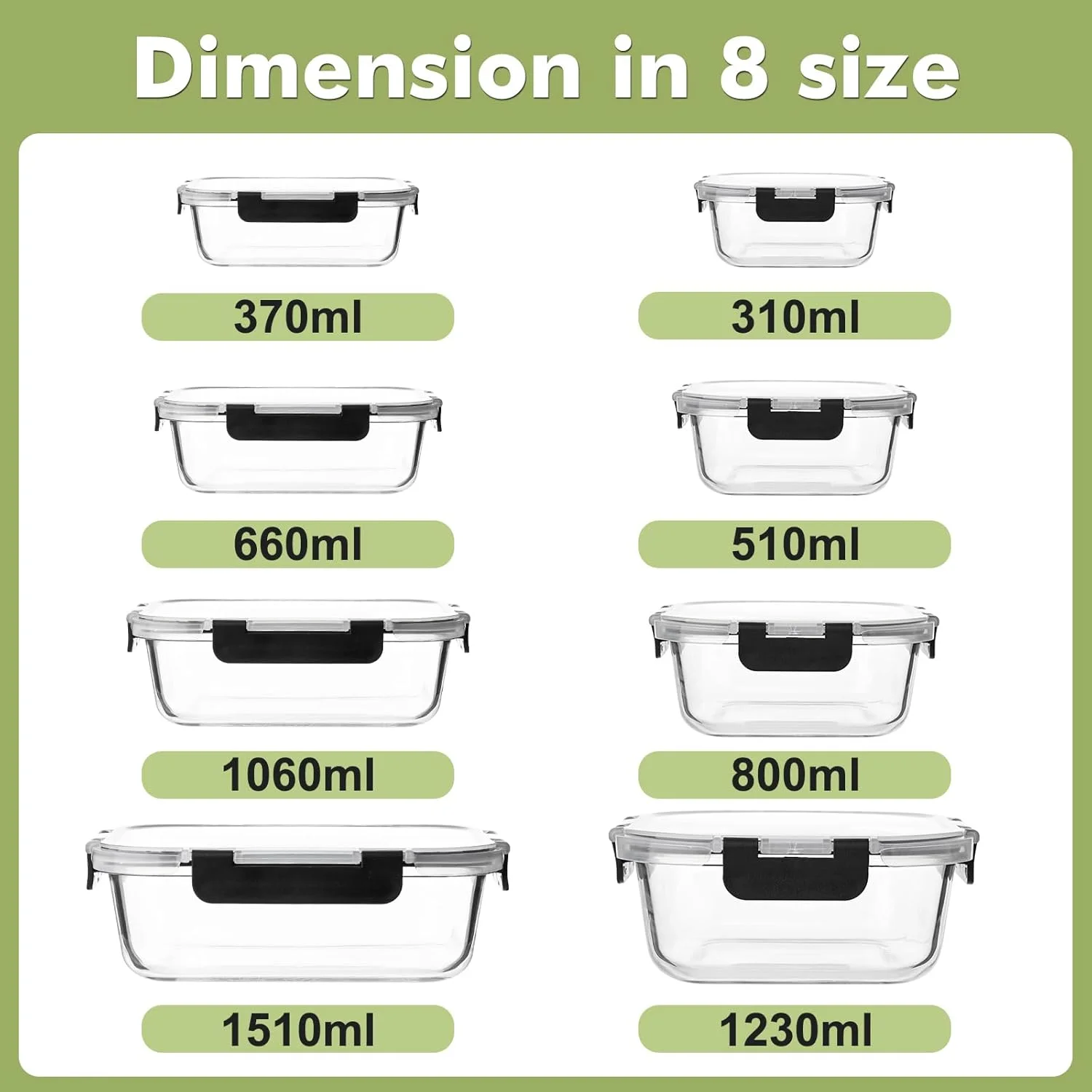مجموعه 8 عددی ظروف شیشه ای نگهداری غذا با درب، ظروف آماده سازی غذا، جعبه های بنتو درب دار با قفل ضد نشت مناسب برای مایکروویو، فر، فریزر و ماشین ظرفشویی، فاقد BPA