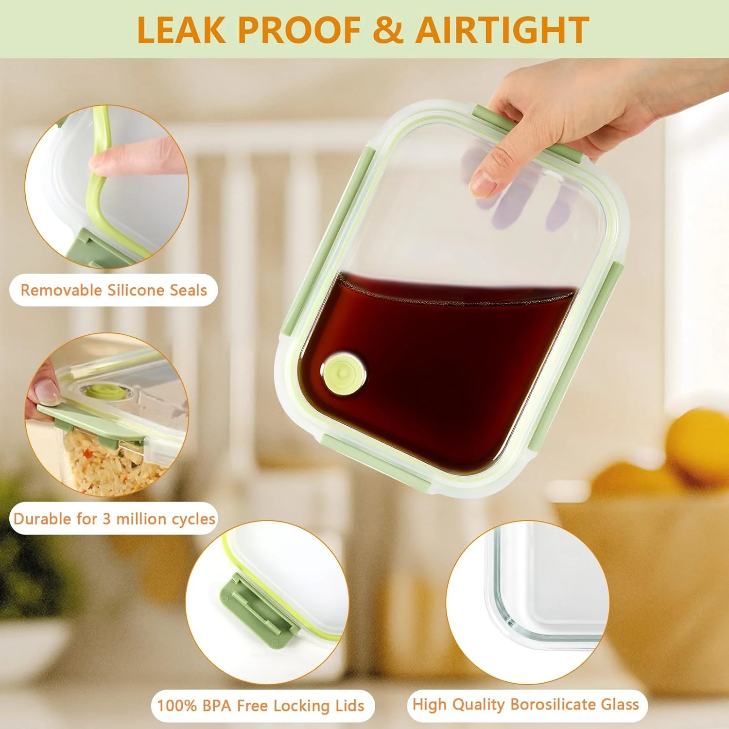 ست 5 عددی ظروف شیشه ای نگهداری غذا 1065 میلی لیتری، ظروف شیشه ای آماده سازی غذا با طراحی جدید سوراخ فشاری، ظروف ناهار هوا بند با درب، قابل استفاده در مایکروویو، فر، فریزر و ماشین ظرفشویی