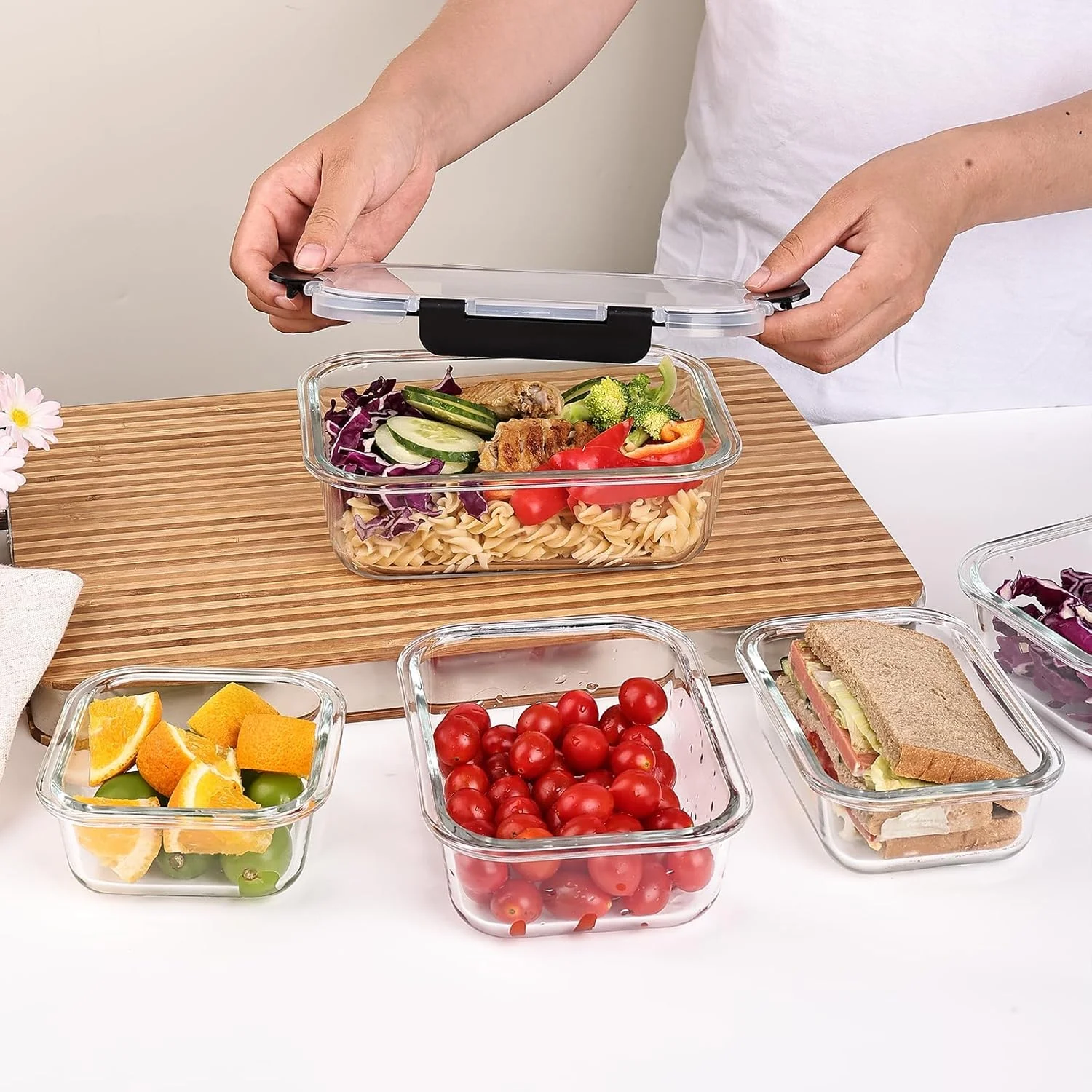 مجموعه 8 عددی ظروف شیشه ای نگهداری غذا با درب، ظروف آماده سازی غذا، جعبه های بنتو درب دار با قفل ضد نشت مناسب برای مایکروویو، فر، فریزر و ماشین ظرفشویی، فاقد BPA