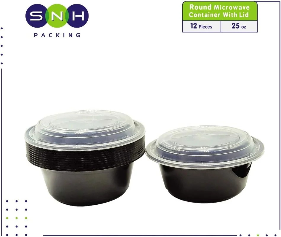 ظروف بسته بندی SNH، بسته 12 عددی ظرف گرد یکبار مصرف 25 اونسی مناسب مایکروویو همراه با درب