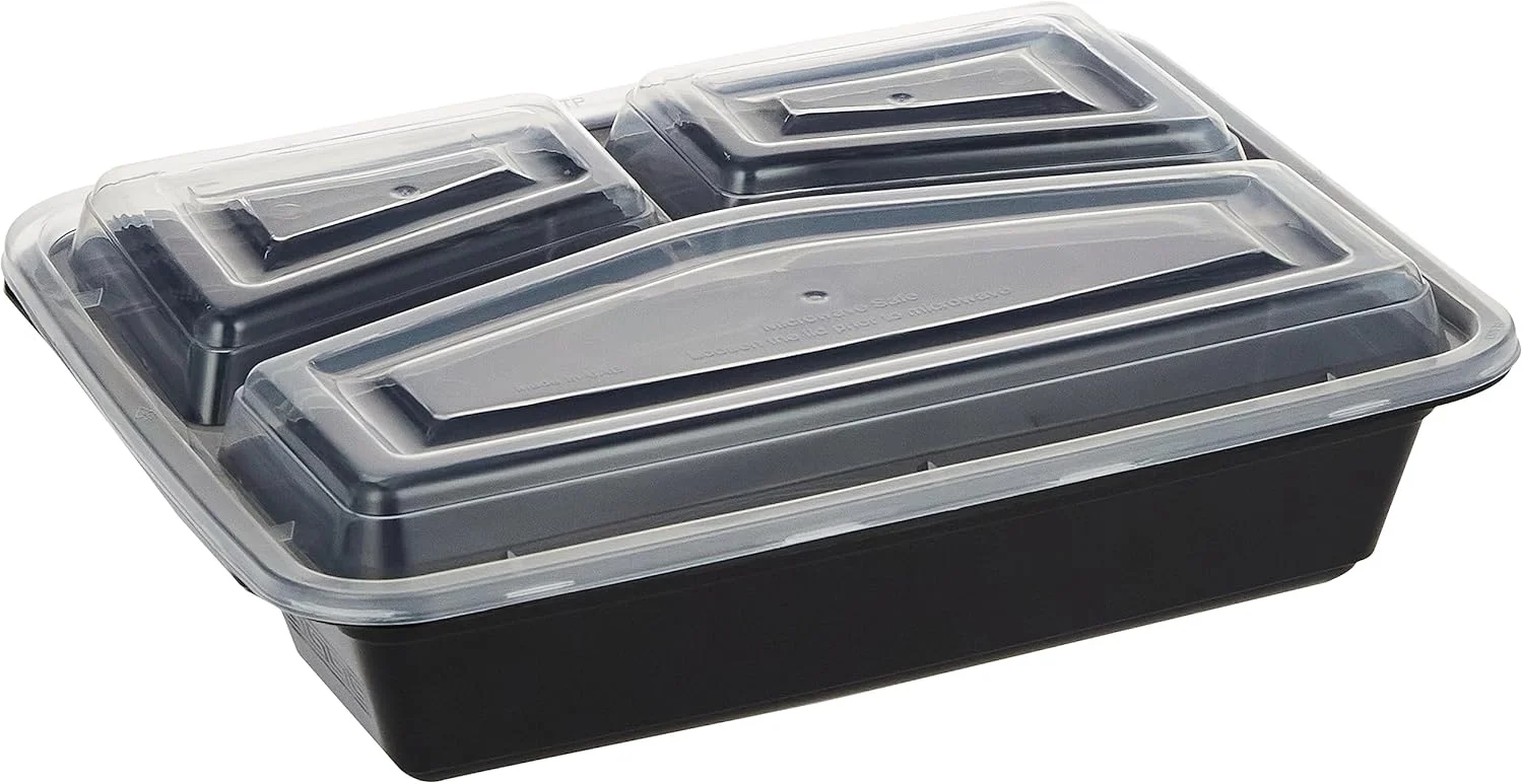 ظرف یکبار مصرف مستطیلی مایکروویو SNH Packing - دارای 3 محفظه - مجموعه 24 عددی - ظرف پلاستیکی برای نگهداری مواد غذایی در آشپزخانه - ظروف بیرون بر برای جعبه ناهار