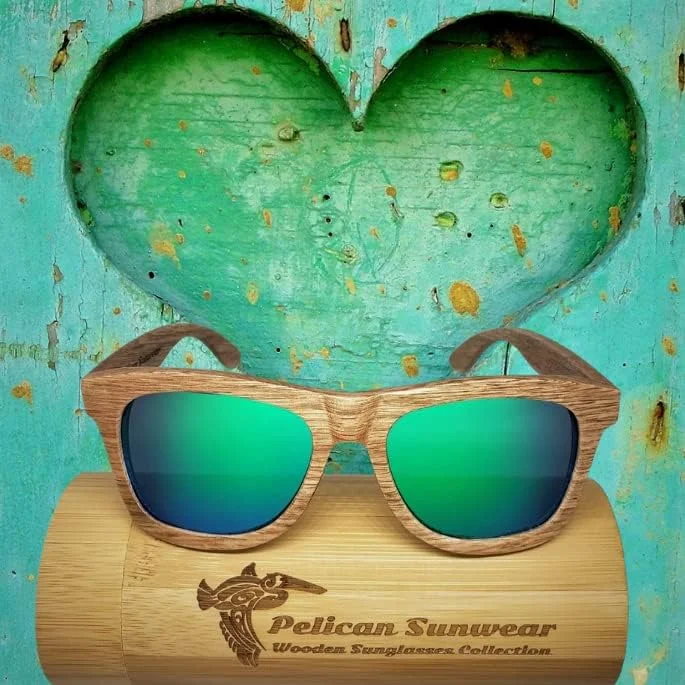 عینک آفتابی چوبی Pelican Sunwear | پلاریزه | فریم چوبی وینتیج | محافظت 100% در برابر UVA/UVB | جعبه بامبو | مردانه و زنانه
