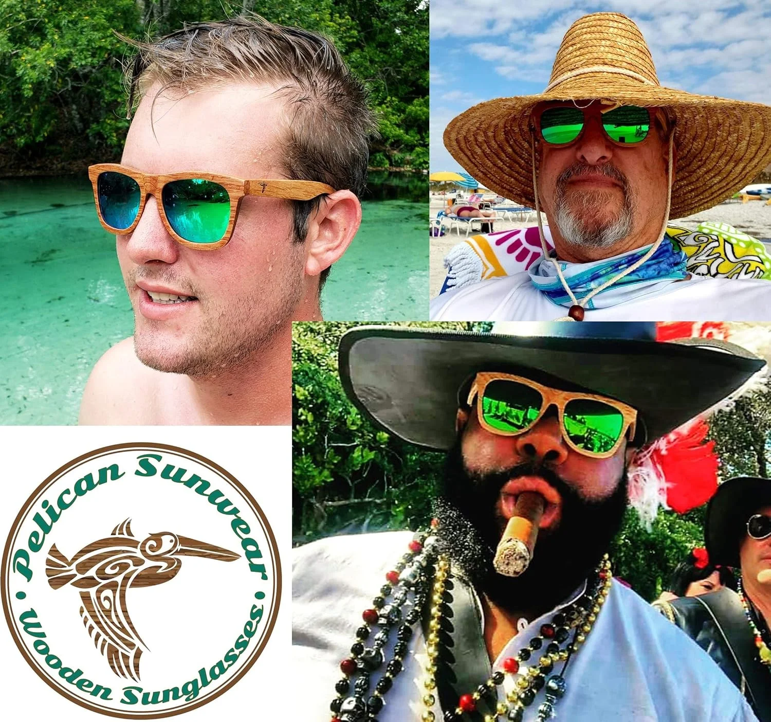 عینک آفتابی چوبی Pelican Sunwear | پلاریزه | فریم چوبی وینتیج | محافظت 100% در برابر UVA/UVB | جعبه بامبو | مردانه و زنانه