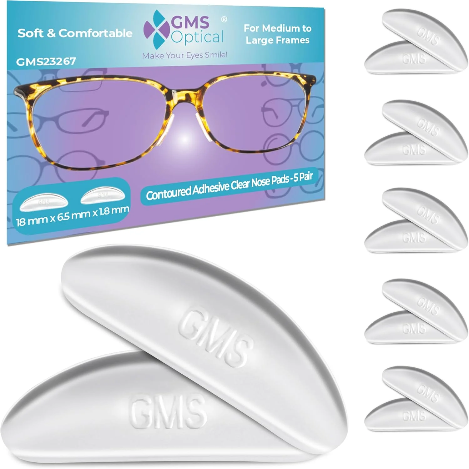 پدهای بینی عینک طبی سیلیکونی نرم و چسبنده Gms Optical با ضخامت 1.8 میلی متر و طراحی ضد لغزش