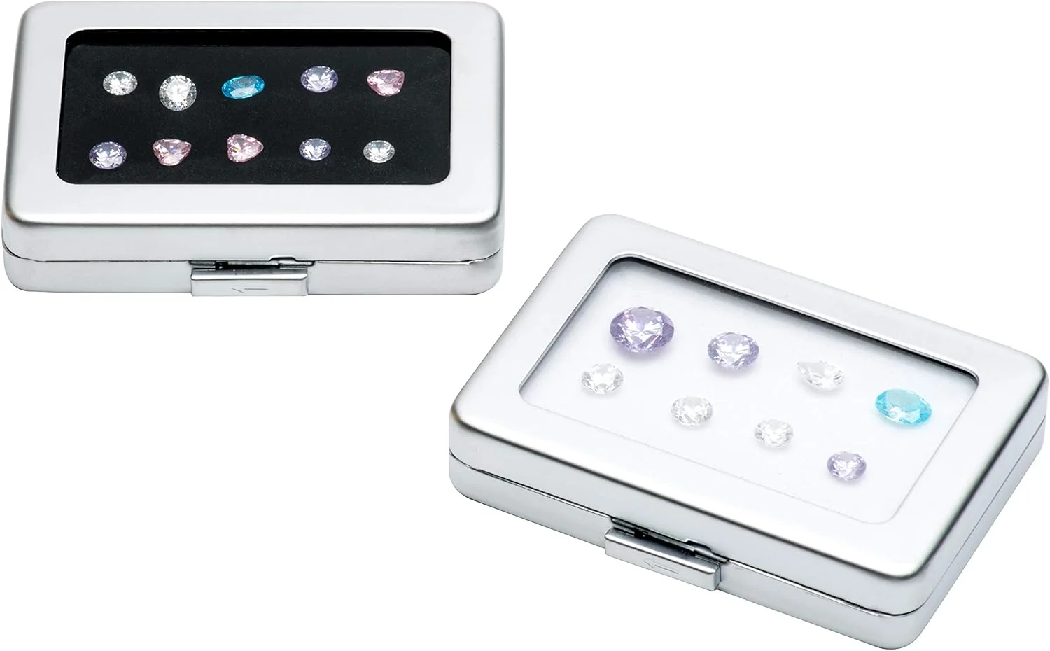 جعبه نمایش جواهرات الماس و سنگ های قیمتی POKOFO با صفحه شیشه ای، محفظه فلزی (بزرگ نقره ای)