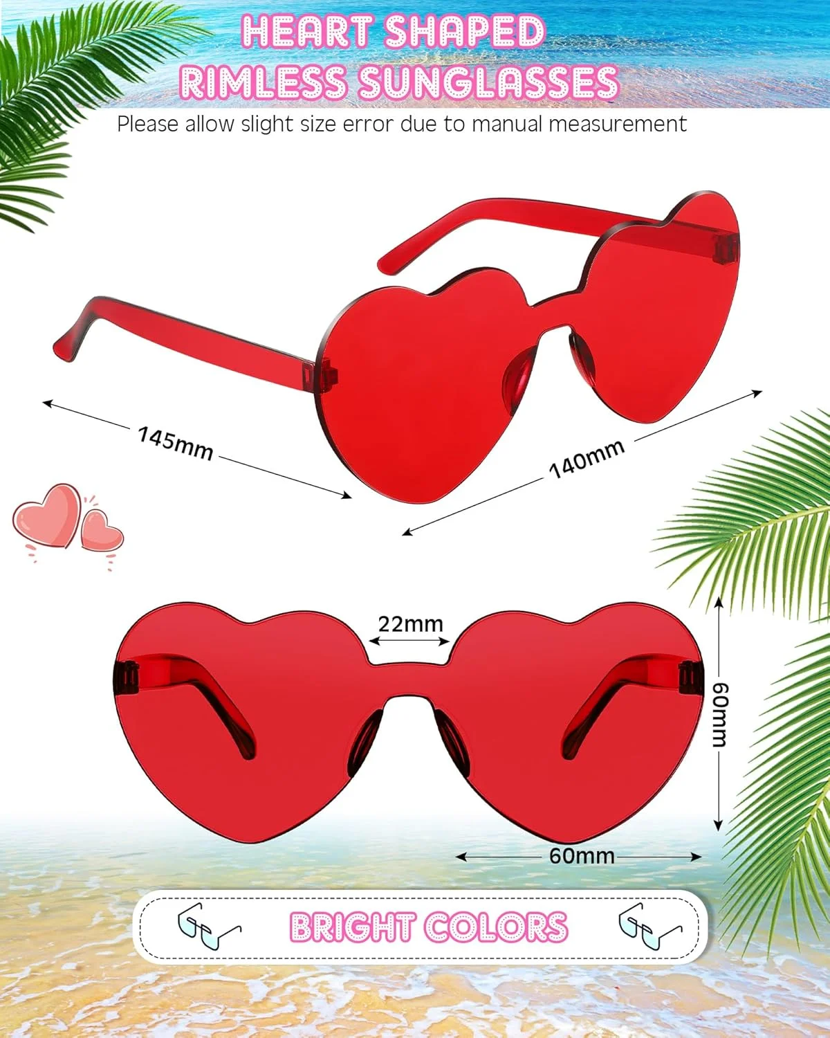 عینک آفتابی بدون فریم قلبی شکل فوتکت، 12 جفت، عینک قلبی رنگارنگ، عینک قلبی شفاف، مناسب مهمانی
