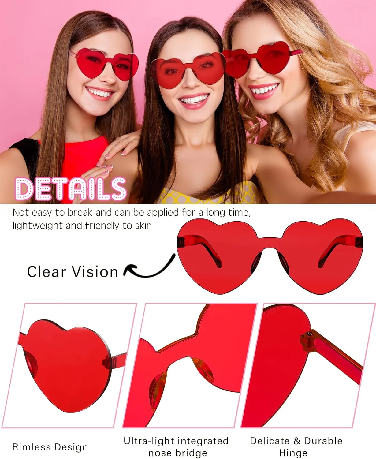 عینک آفتابی بدون فریم قلبی شکل فوتکت، 12 جفت، عینک قلبی رنگارنگ، عینک قلبی شفاف، مناسب مهمانی