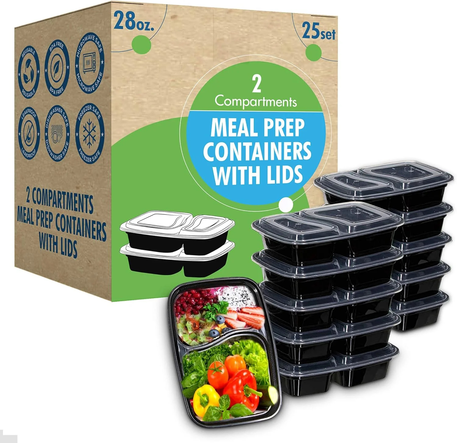 ظرف غذای آماده SafeWare، دو محفظه ای، قابل استفاده مجدد با درب، 828 میلی لیتر (25 عدد) - ظروف آماده سازی غذا، جعبه بنتو برای نگهداری غذا | قابل چیدن | قابل استفاده در مایکروویو | قابل شستشو در ماشین ظرفشویی | قابل استفاده در فریزر.