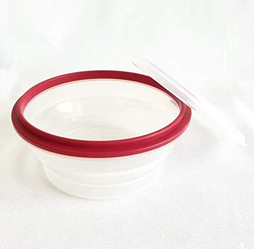 ظروف نگهداری غذای سیلیکونی تاشو - کاسه های آماده سازی/نگهداری با درب - ست 4 تایی ظروف ناهار خوری سیلیکونی گرد - بدون BPA، قابل استفاده در مایکروویو و فریزر (قرمز)