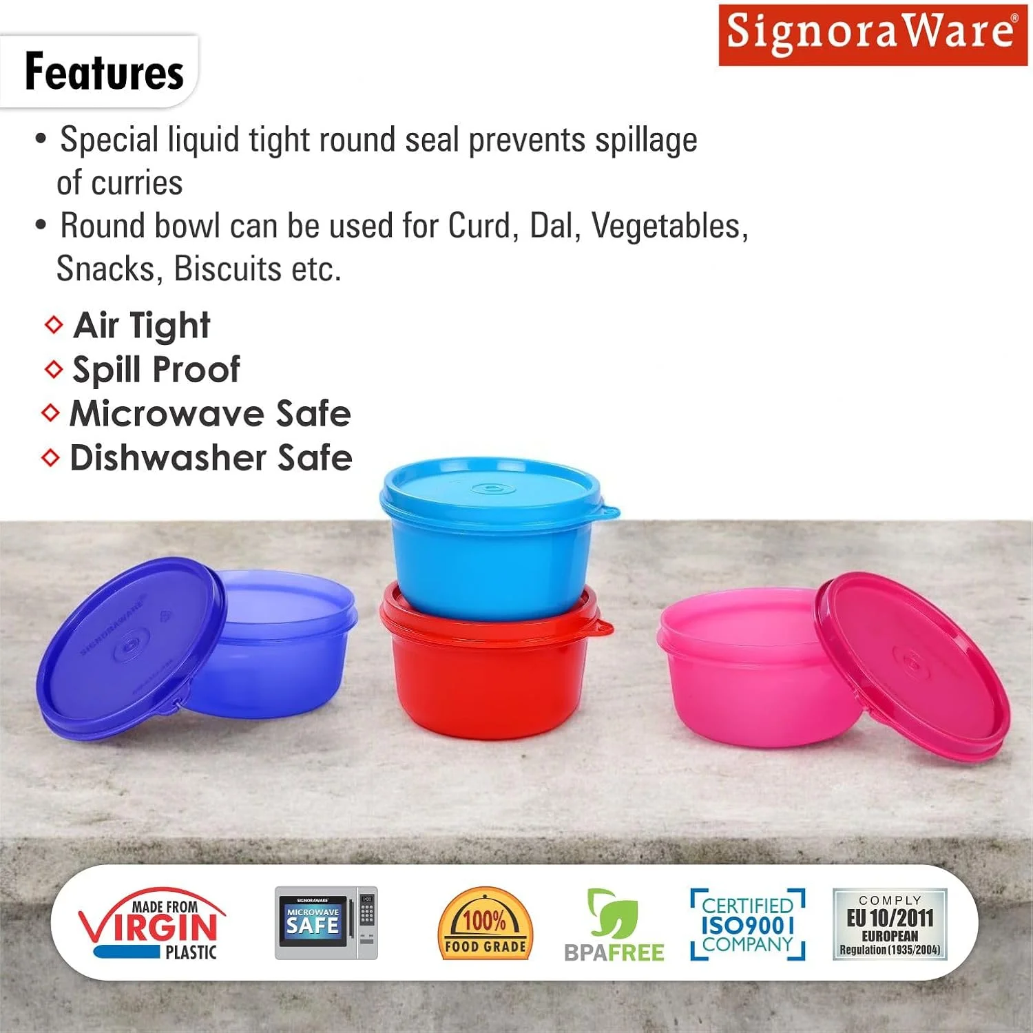 ظرف گرد متوسط SignoraWare مدل Executive | پلاستیک فاقد BPA | 310 میلی لیتر * 4 | مناسب برای مواد غذایی | قابل شستشو در ماشین ظرفشویی، فریزر و مایکروویو | ضد نشت | برای خانه، محل کار | ضد هوا | غیر سمی | ست 4 عددی | چند رنگ ظرف گرد متوسط SignoraWare مدل Executive | پلاستیک فاقد BPA | 310 میلی لیتر * 4 | مناسب برای مواد غذایی | قابل شستشو در ماشین ظرفشویی، فریزر و مایکروویو | ضد نشت | برای خانه، محل کار | ضد هوا | غیر سمی | ست 4 عددی | چند رنگ