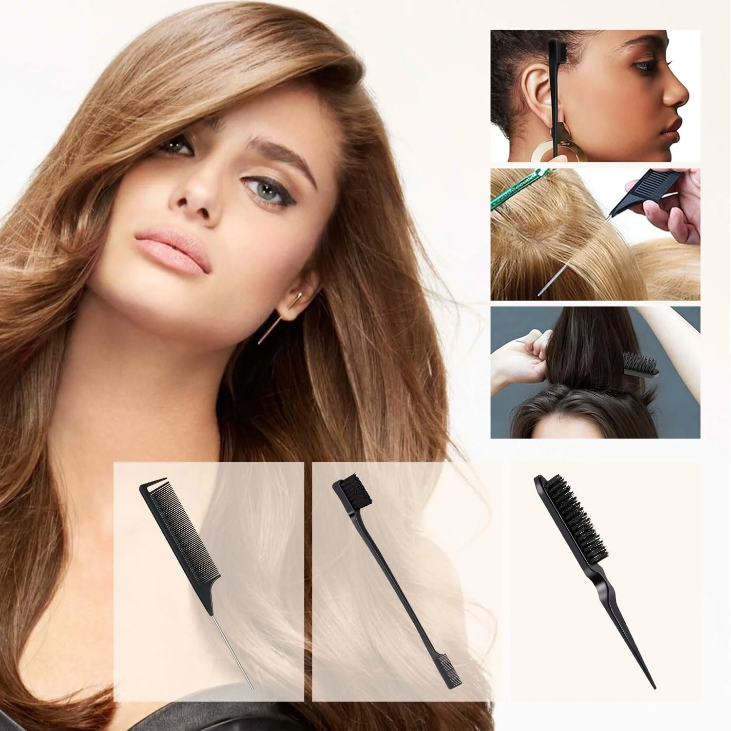 برس لبه مشکی، حالت دهنده موهای ریز و برس صاف کننده مو برای مدل موهای صاف و حجیم - شامل شانه دم موشی برس لبه مشکی، حالت دهنده موهای ریز و برس صاف کننده مو برای مدل موهای صاف و حجیم - شامل شانه دم موشی