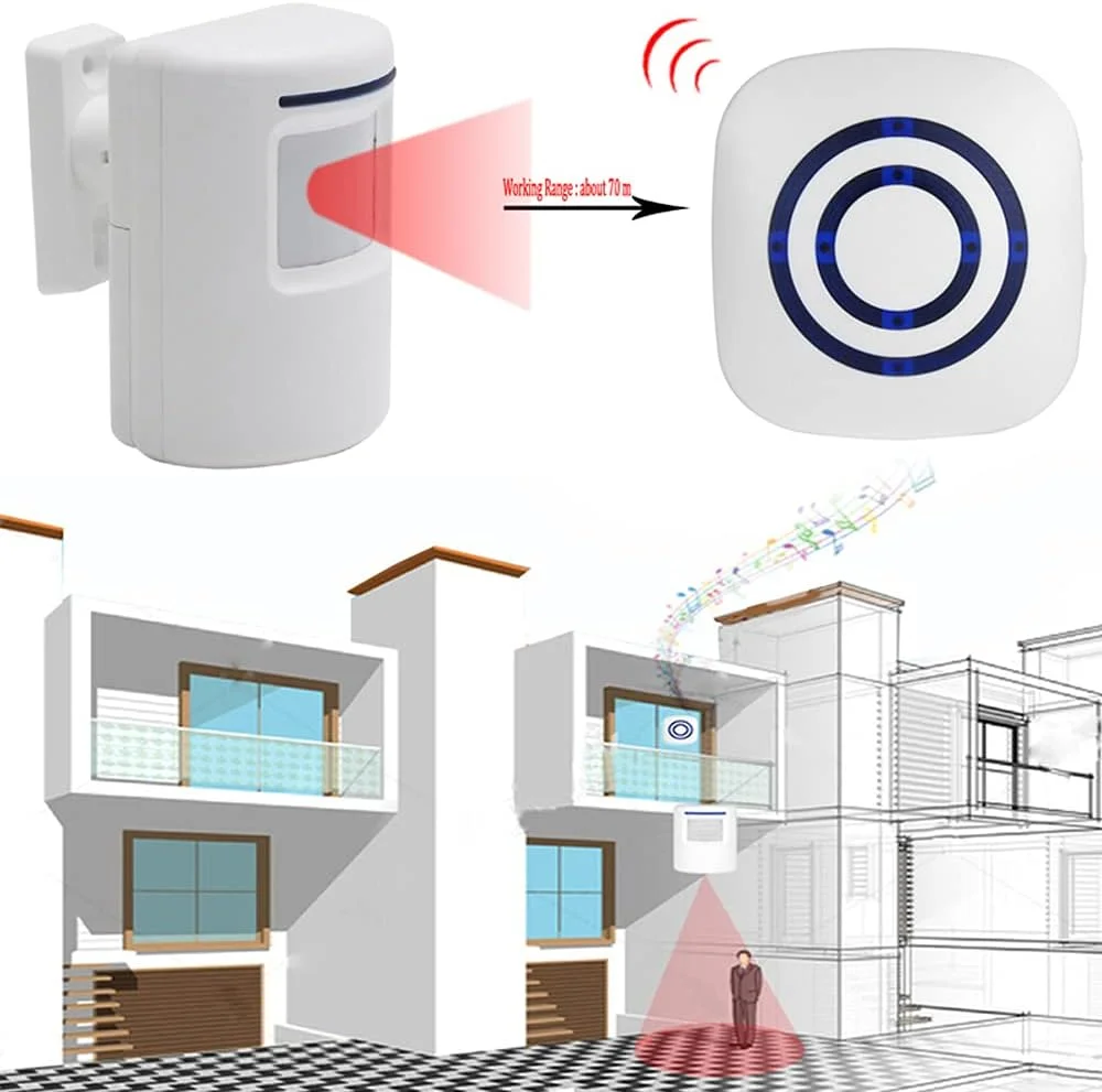 آلارم بی‌سیم درب منزل ENEGG، هشدار ورود، زنگ درب بازدید کننده با 1 گیرنده پلاگین و 2 سیستم هشدار تشخیص حرکت PIR، صدای با کیفیت و LED، 38 ملودی