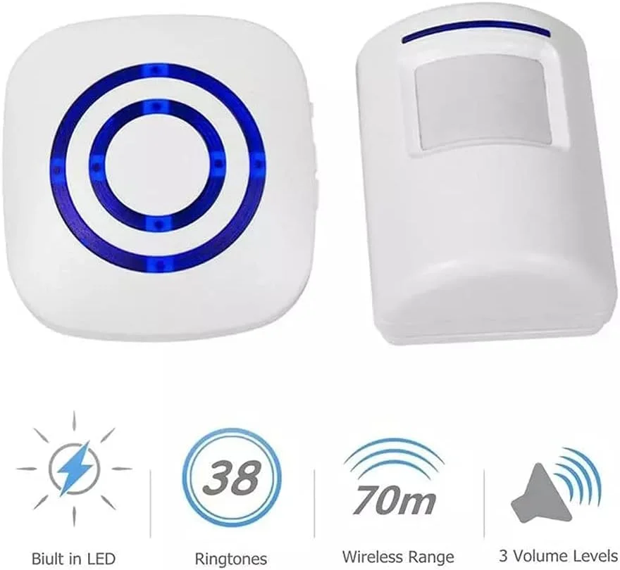 آلارم بی‌سیم درب منزل ENEGG، هشدار ورود، زنگ درب بازدید کننده با 1 گیرنده پلاگین و 2 سیستم هشدار تشخیص حرکت PIR، صدای با کیفیت و LED، 38 ملودی