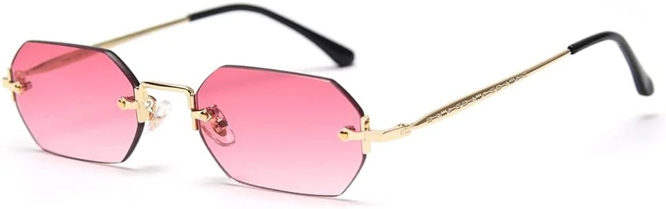عینک آفتابی مستطیلی مردانه LIGOES، عینک بدون فریم، هشت ضلعی بدون حاشیه، عینک کوچک فلزی طلایی چند ضلعی آبی قهوه ای UV400 (طلایی با صورتی)