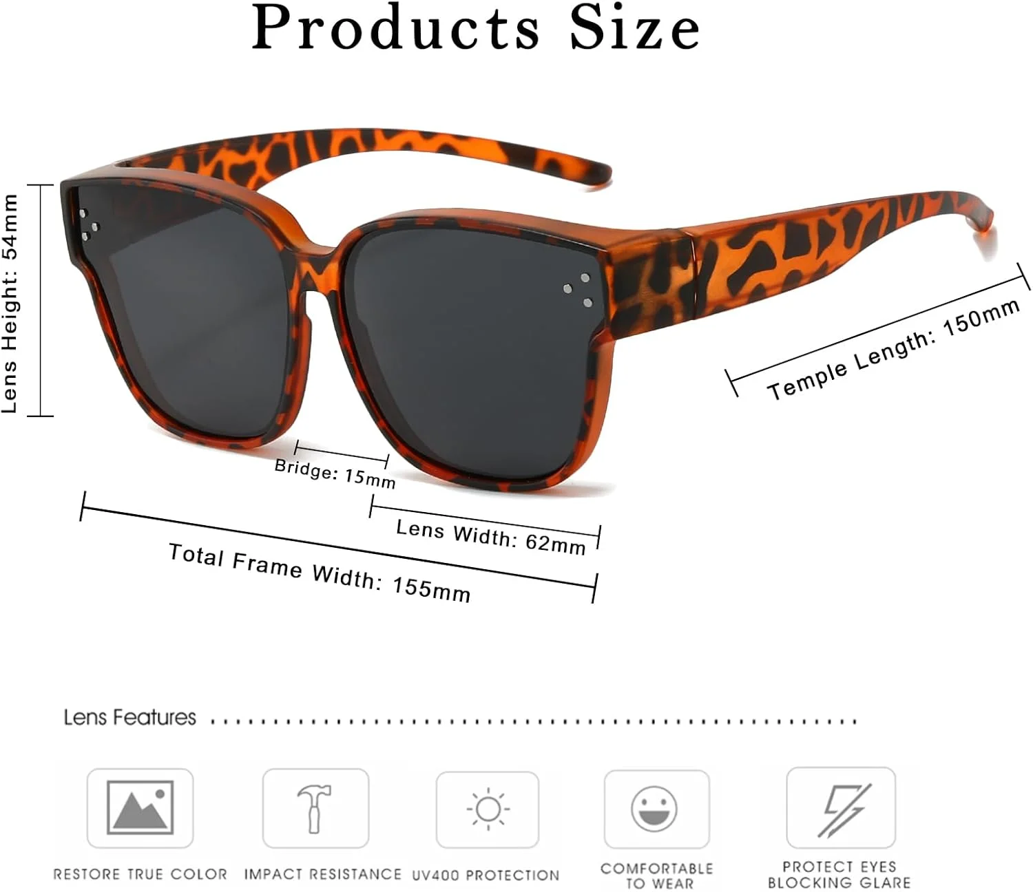 عینک آفتابی پلاریزه Long Keeper مناسب برای استفاده روی عینک طبی، زنانه و مردانه، بزرگ، مربعی، مدل چشم گربه ای، پوششی، مناسب رانندگی