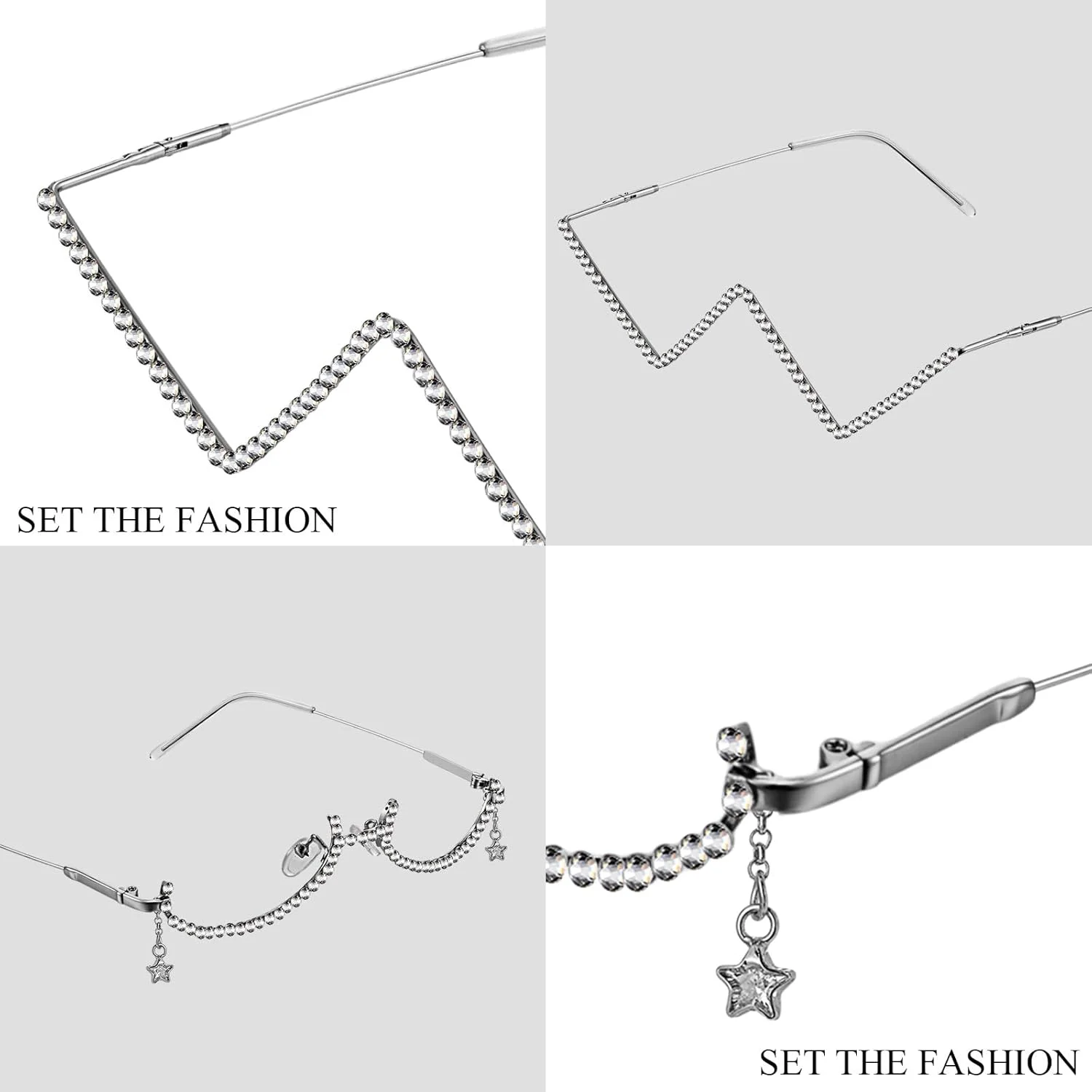 کانایو 4 عدد فریم عینک الماسی بدون لنز مدل V شکل، عینک آفتابی نگین دار نیم فریم کریستالی فلزی زنانه