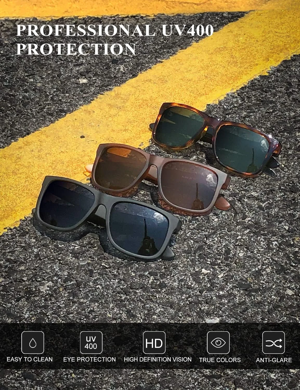 عینک آفتابی مردانه KALIYADI، عینک آفتابی پلاریزه برای مردان و زنان، فریم مشکی مات کلاسیک، محافظت در برابر اشعه ماوراء بنفش، 3 عدد