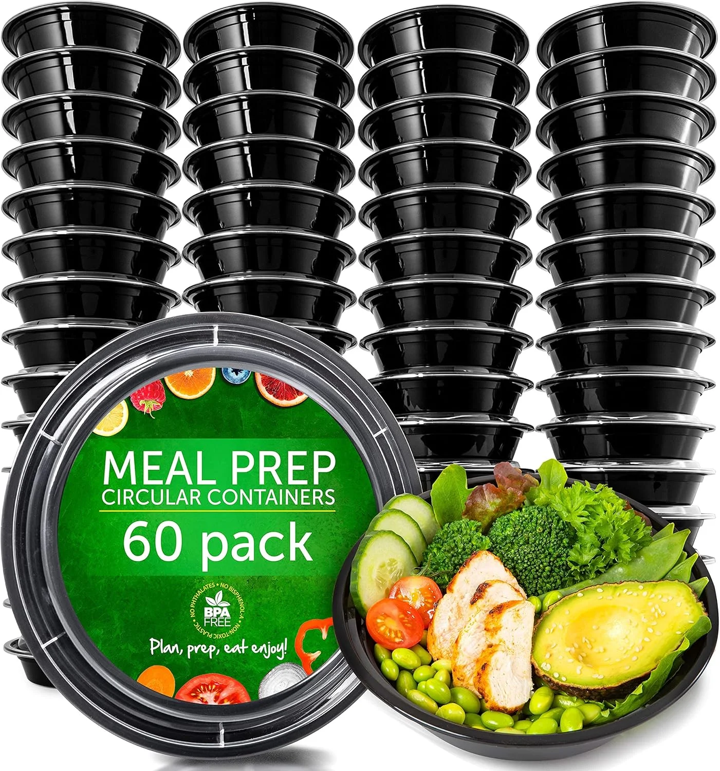 ظروف پلاستیکی قابل استفاده مجدد Prep Naturals با درب، بسته 60 عددی، مشکی، کاسه غذا، ظروف ناهار، فاقد BPA، PVC و فتالات، قابل استفاده در مایکروویو و فریزر