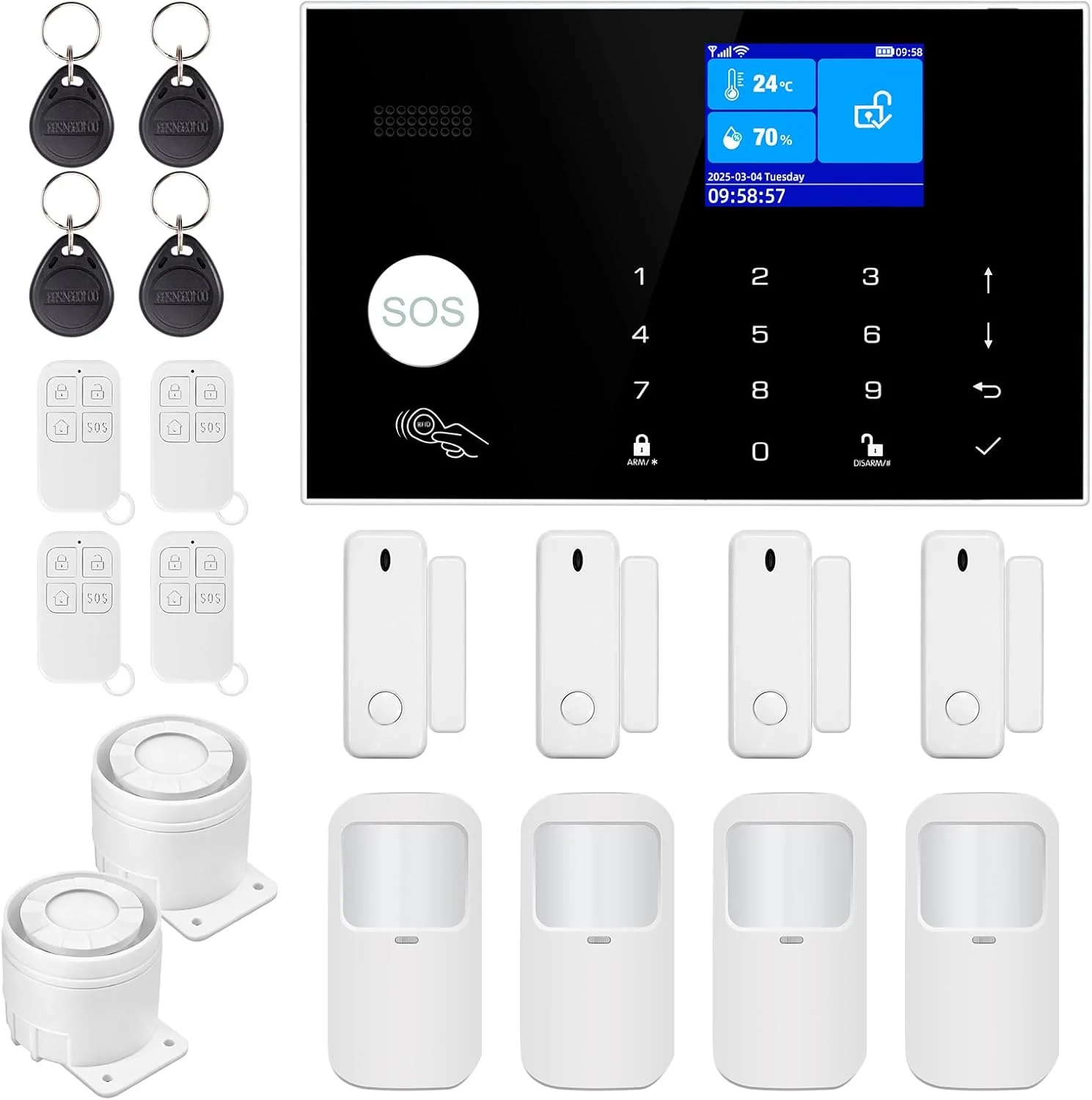 سیستم دزدگیر وای فای Fuers 4G GSM، سیستم دزدگیر منزل با آژیر 120 دسی بل، کیت دزدگیر امنیتی 19 تکه با سنسورهای درب/پنجره، سنسور حرکتی PIR، کارت RFID، ریموت کنترل، نمایشگر LCD، مناسب برای دفتر