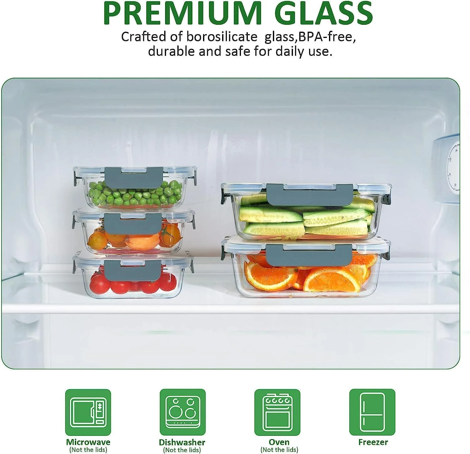 ظروف نگهداری غذا شیشه ای درب دار PICCASIO بسته 12 عددی به همراه 150 قالب یخ، فاقد BPA، قابل استفاده در مایکروویو، فر، فریزر و ماشین ظرفشویی - خاکستری