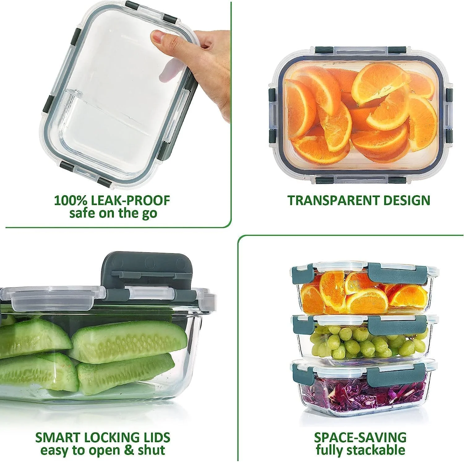 ظروف نگهداری غذا شیشه ای درب دار PICCASIO بسته 12 عددی به همراه 150 قالب یخ، فاقد BPA، قابل استفاده در مایکروویو، فر، فریزر و ماشین ظرفشویی - خاکستری