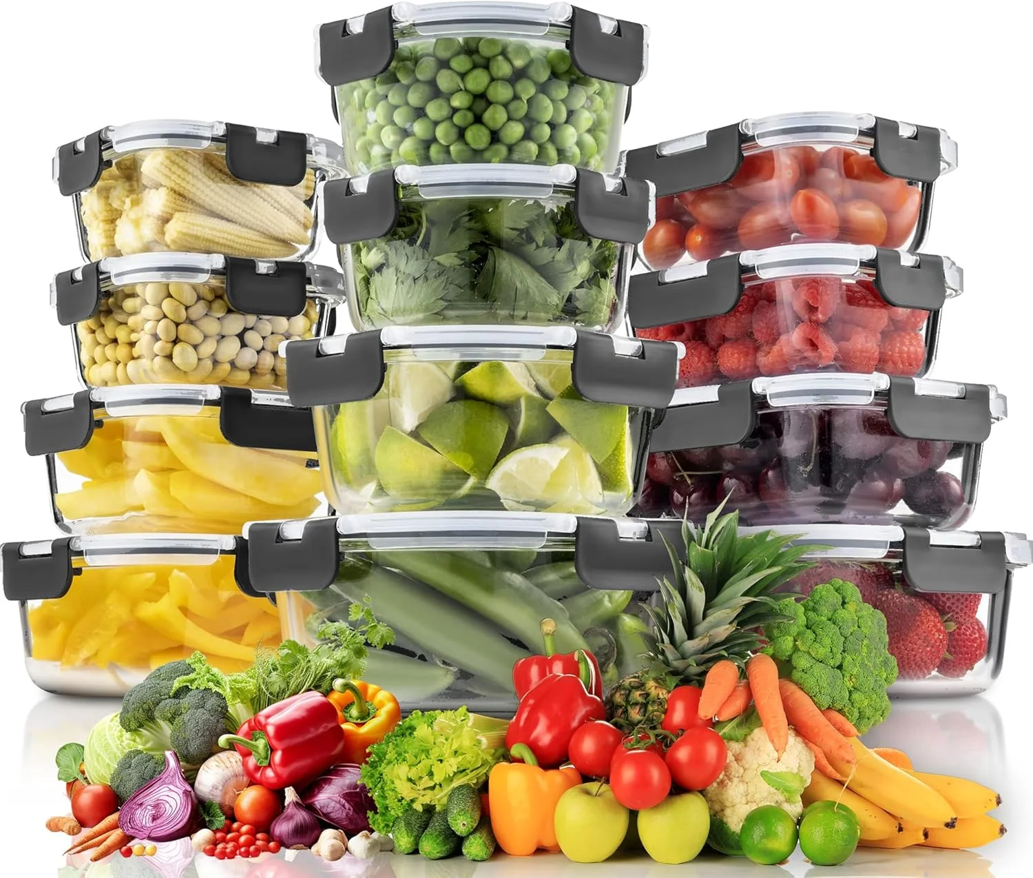 ست 24 تکه ظروف شیشه ای غذا 𝐏𝐈𝐂𝐂𝐀𝐒𝐈𝐎™، ظروف نگهداری مواد غذایی درب دار مناسب برای کنترل حجم وعده های غذایی سالم، قابل استفاده در مایکروویو، فر، فریزر و ماشین ظرفشویی