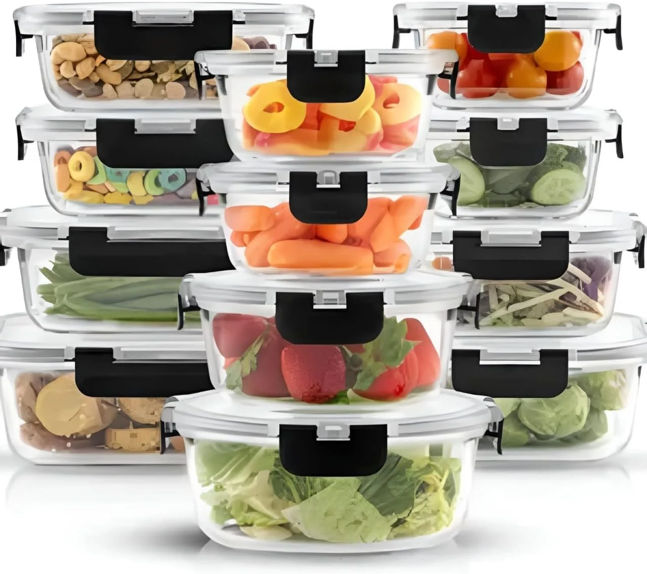 ست ظروف شیشه ای ۲۴ تکه 𝐏𝐈𝐂𝐂𝐀𝐒𝐈𝐎™ – ست جعبه ناهار درب دار برای کنترل وعده های غذایی سالم، قابل استفاده در مایکروویو، فر، فریزر و ماشین ظرفشویی با درب های قفل شونده آسان