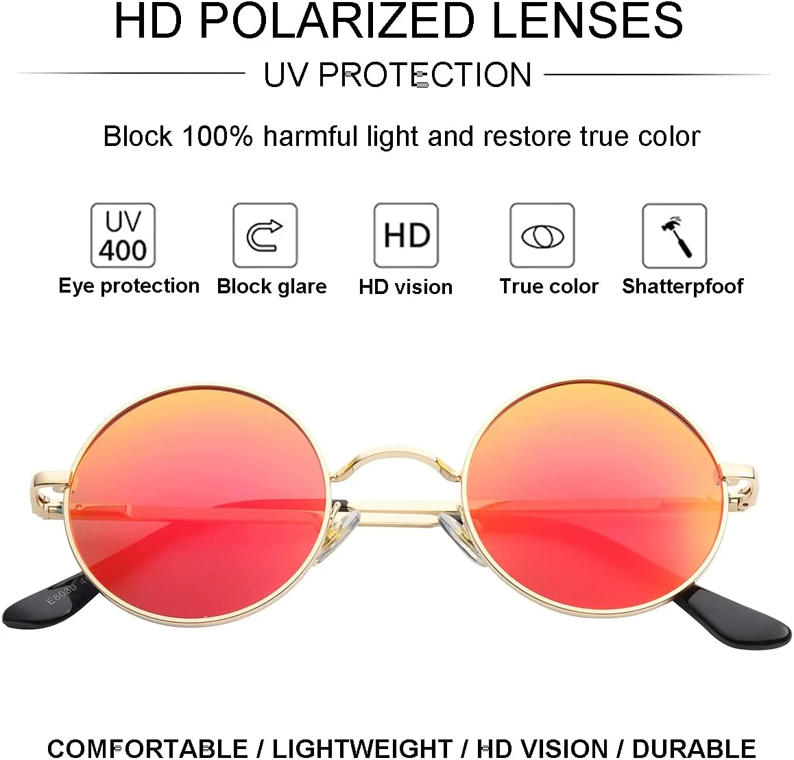 عینک آفتابی گرد کوچک پلاریزه Gleyemor John Lennon، مناسب آقایان و بانوان، عینک های دایره ای هیپی قرمز و زرد