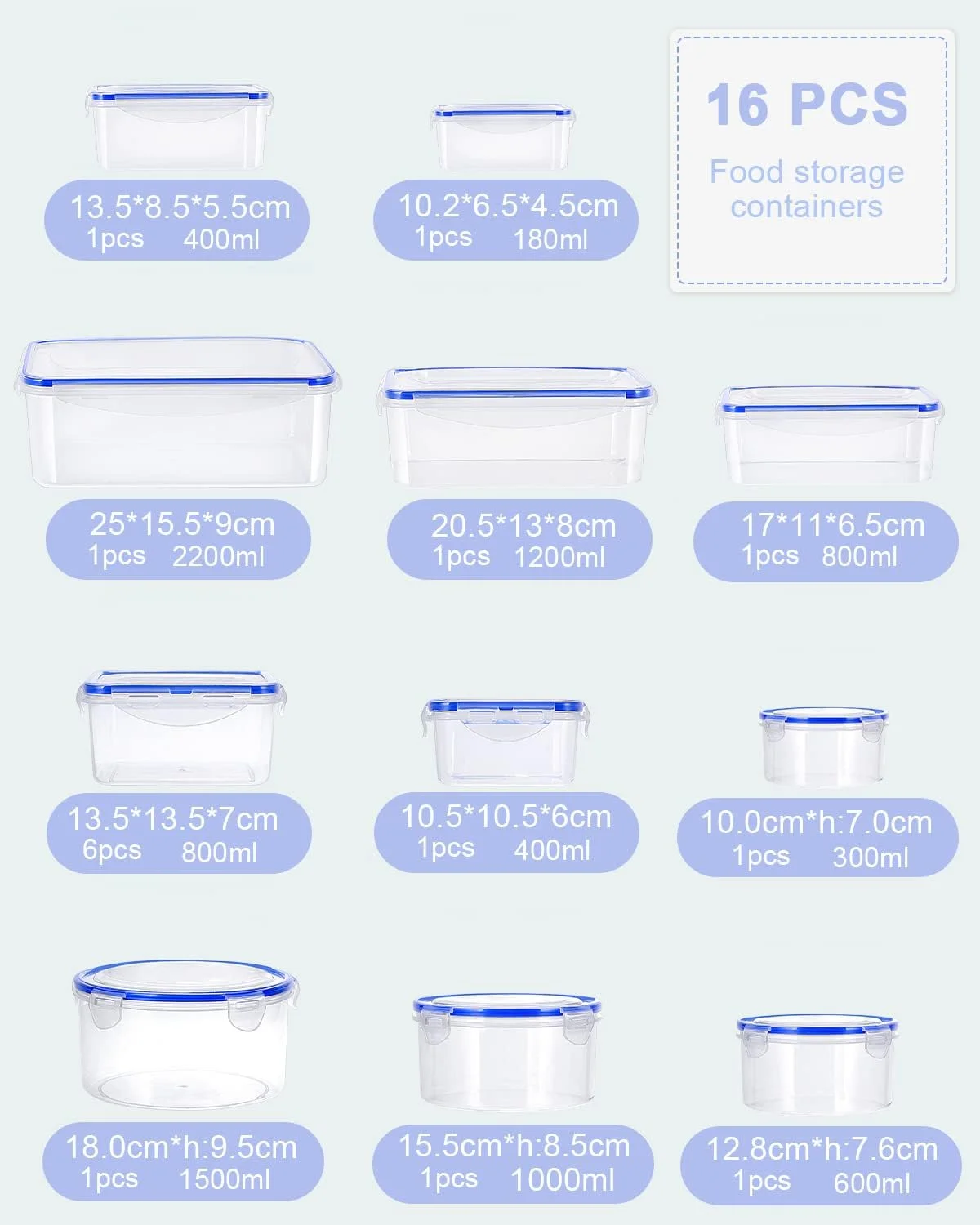 ظرف نگهداری مواد غذایی NEFLSI با درب، ست 32 تکه (16 ظرف + 16 درب)، قابل استفاده مجدد، ست ظروف نگهداری ضد نشت، پلاستیک بدون BPA، ظروف نگهداری مواد غذایی برای مایکروویو، فریزر