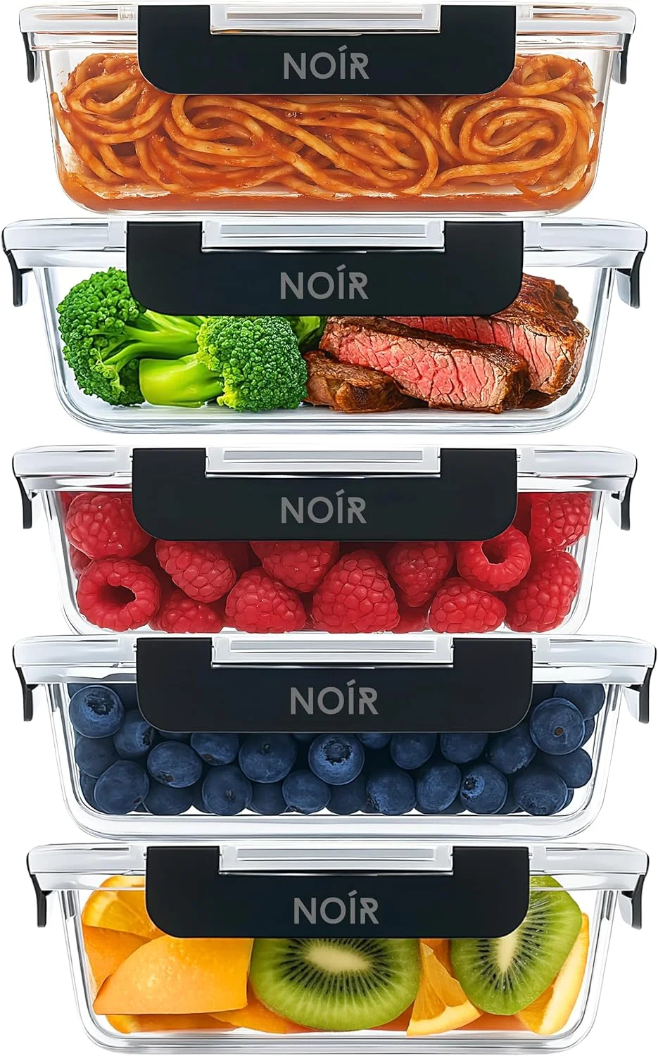 ظروف شیشه ای نگهداری غذا 5 تکه NOIR – ست آماده سازی غذا 1040 میلی لیتری – ضد هوا، ضد نشت، بدون BPA – قابل استفاده در فر، مایکروویو، فریزر و ماشین ظرفشویی